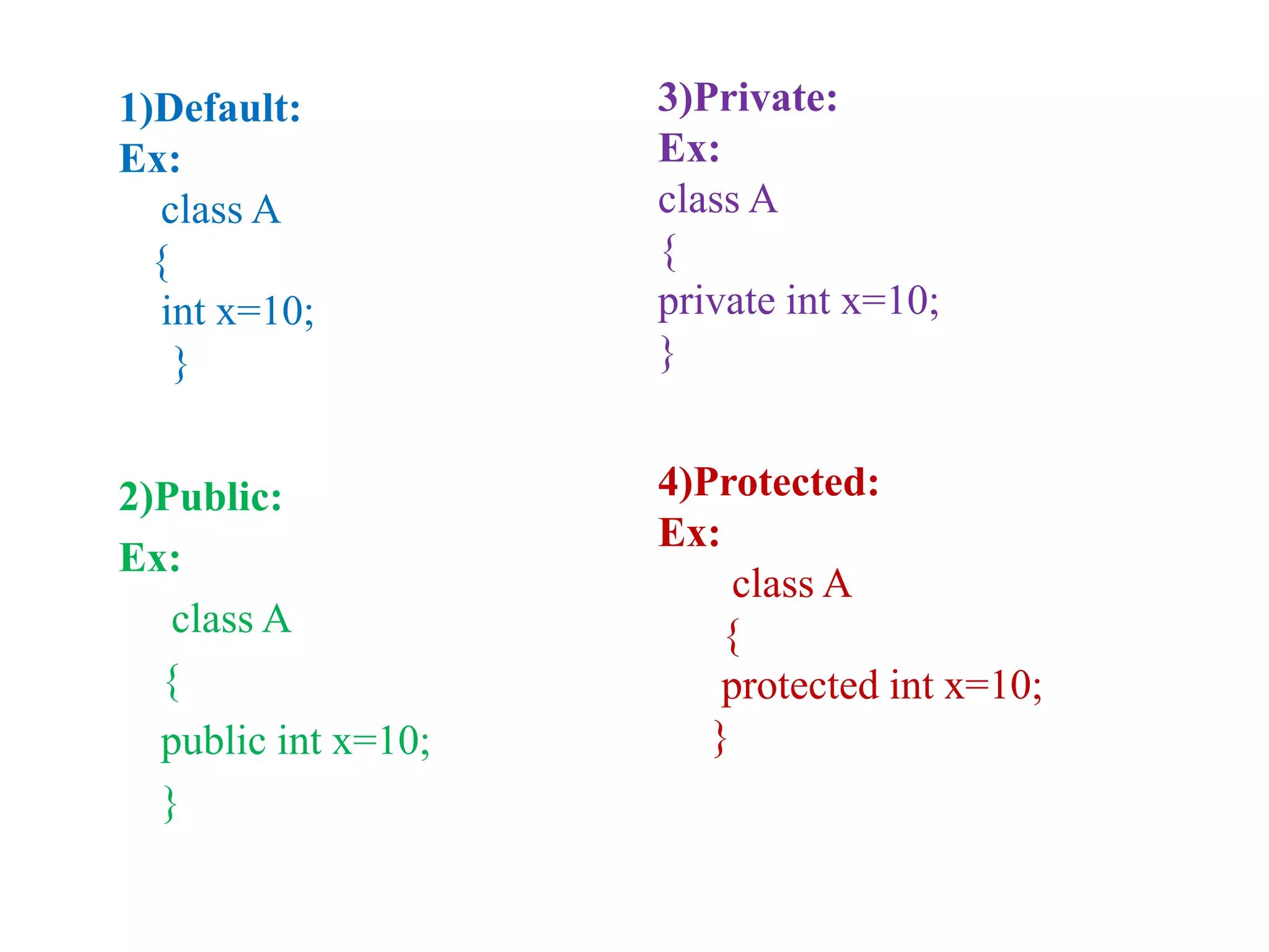 2)Public:
Ex:
class A
{
public int x=10;
}
3)Private:
Ex:
class A
{
private int x=10;
}
4)Protected:
Ex:
class A
{
protected int x=10;
}
1)Default:
Ex:
class A
{
int x=10;
}
 
