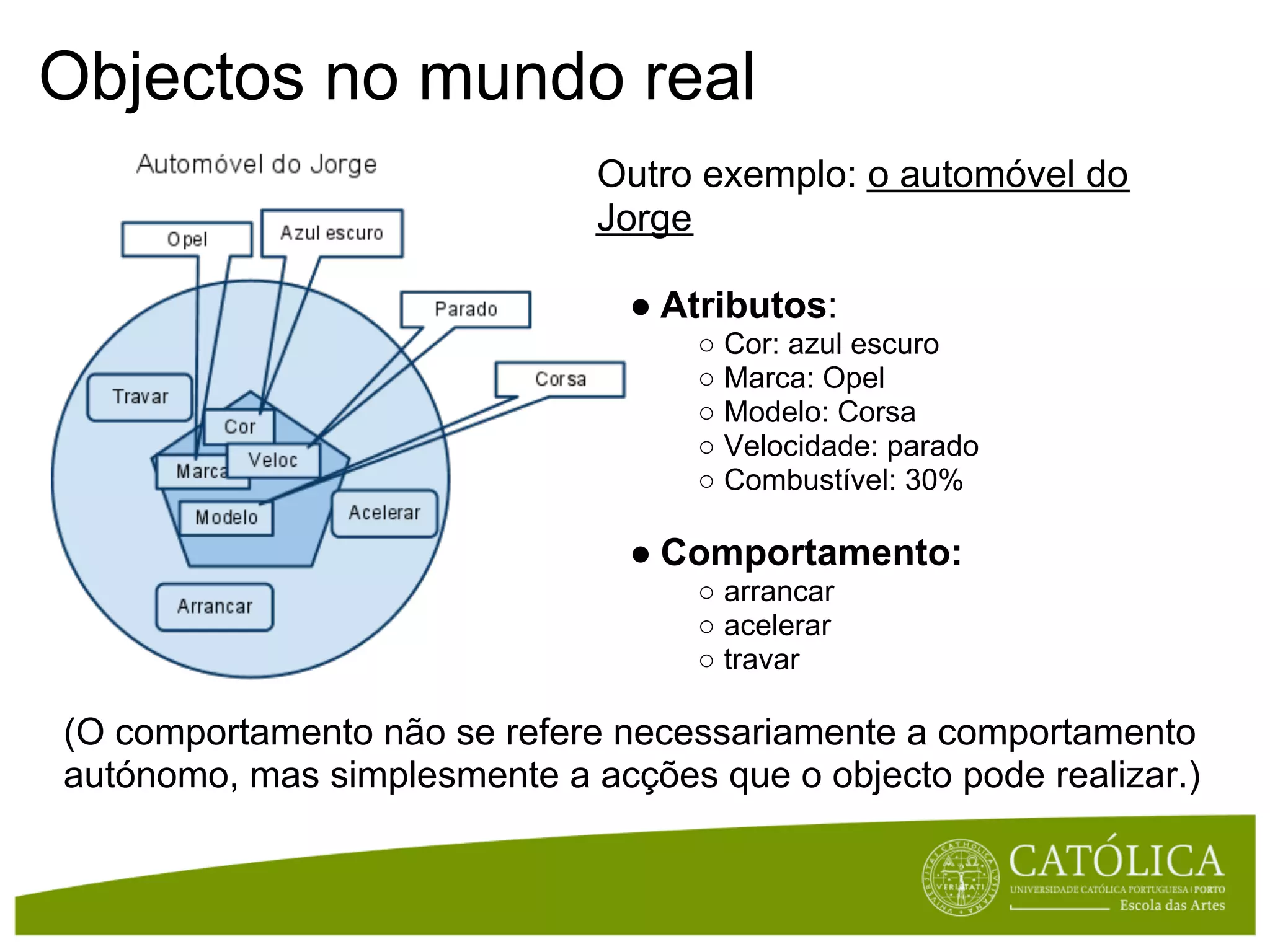 Objectos no mundo real
                              Outro exemplo: o automóvel do
                              Jorge

                                ● Atributos:
                                    ○ Cor: azul escuro
                                    ○ Marca: Opel
                                    ○ Modelo: Corsa
                                    ○ Velocidade: parado
                                    ○ Combustível: 30%

                                ● Comportamento:
                                    ○ arrancar
                                    ○ acelerar
                                    ○ travar

(O comportamento não se refere necessariamente a comportamento
autónomo, mas simplesmente a acções que o objecto pode realizar.)
 