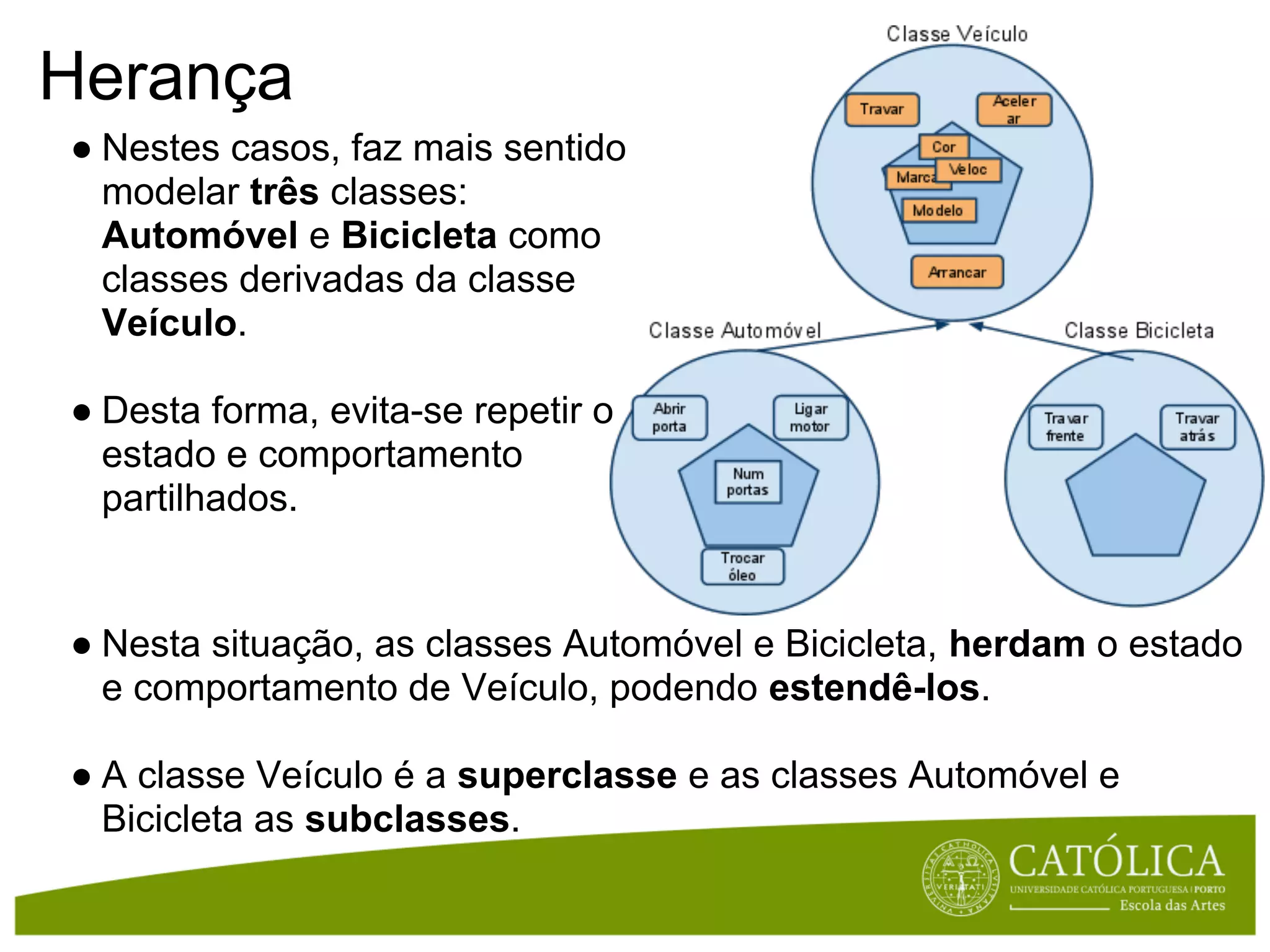 Herança
● Nestes casos, faz mais sentido
  modelar três classes:
  Automóvel e Bicicleta como
  classes derivadas da classe
  Veículo.

● Desta forma, evita-se repetir o
  estado e comportamento
  partilhados.


● Nesta situação, as classes Automóvel e Bicicleta, herdam o estado
  e comportamento de Veículo, podendo estendê-los.

● A classe Veículo é a superclasse e as classes Automóvel e
  Bicicleta as subclasses.
 