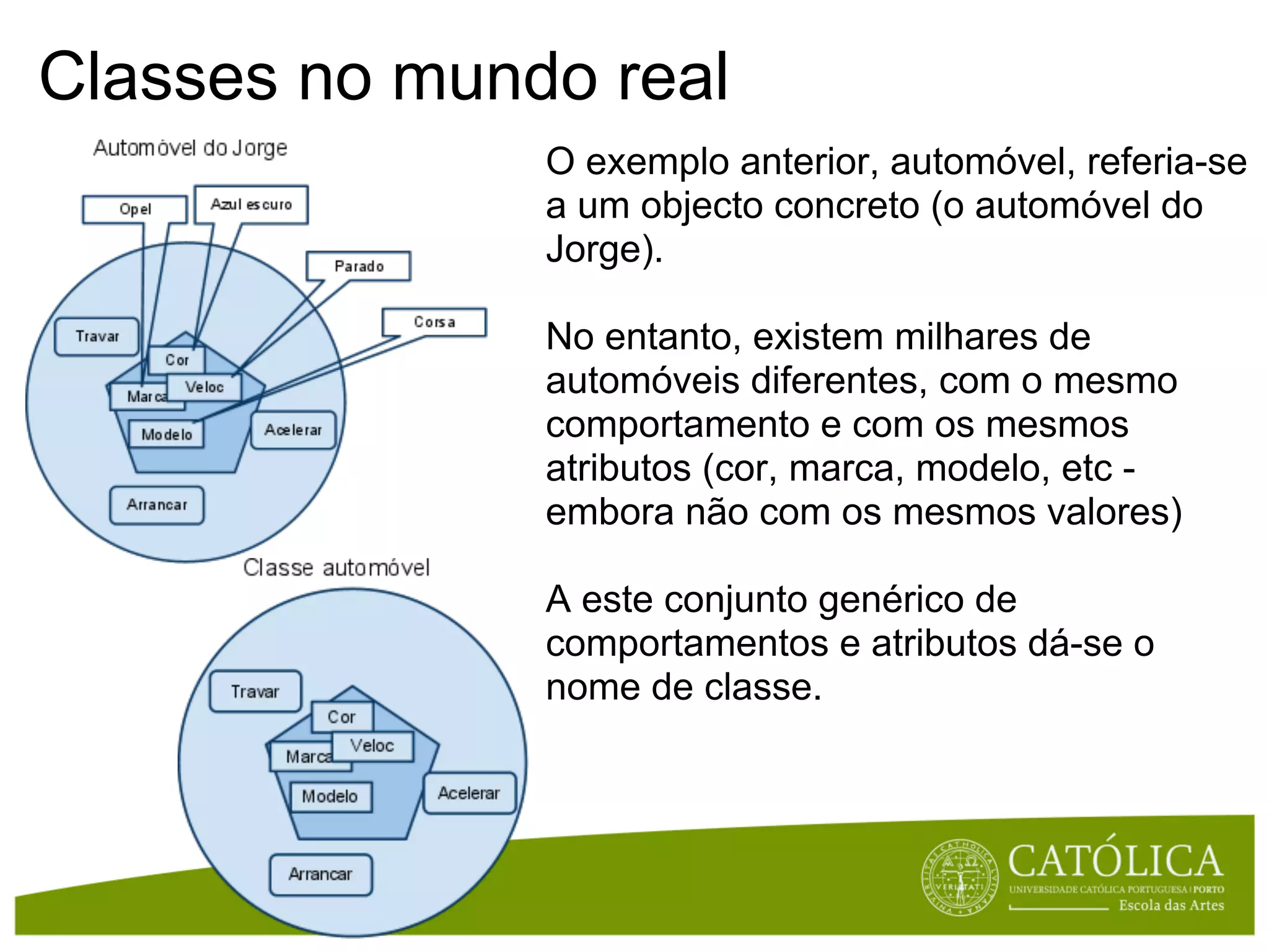 Classes no mundo real
               O exemplo anterior, automóvel, referia-se
               a um objecto concreto (o automóvel do
               Jorge).

               No entanto, existem milhares de
               automóveis diferentes, com o mesmo
               comportamento e com os mesmos
               atributos (cor, marca, modelo, etc -
               embora não com os mesmos valores)

               A este conjunto genérico de
               comportamentos e atributos dá-se o
               nome de classe.
 