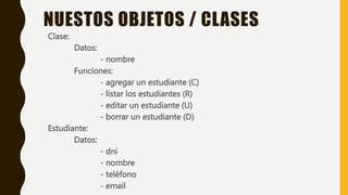 Clase:
Datos:
- nombre
Funciones:
- agregar un estudiante (C)
- listar los estudiantes (R)
- editar un estudiante (U)
- borrar un estudiante (D)
Estudiante:
Datos:
- dni
- nombre
- teléfono
- email
NUESTOS OBJETOS / CLASES
 