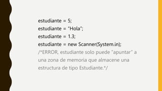estudiante = 5;
estudiante = “Hola”;
estudiante = 1.3;
estudiante = new Scanner(System.in);
/*ERROR, estudiante solo puede ”apuntar” a
una zona de memoria que almacene una
estructura de tipo Estudiante.*/
 