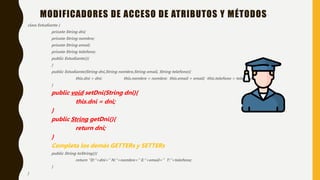 class Estudiante {
private String dni;
private String nombre;
private String email;
private String telefono;
public Estudiante(){
}
public Estudiante(String dni,String nombre,String email, String telefono){
this.dni = dni; this.nombre = nombre; this.email = email; this.telefono = telefono;
}
public void setDni(String dni){
this.dni = dni;
}
public String getDni(){
return dni;
}
Completa los demás GETTERs y SETTERs
public String toString(){
return “D:”+dni+” N:”+nombre+” E:”+email+” T:”+telefono;
}
}
MODIFICADORES DE ACCESO DE ATRIBUTOS Y MÉTODOS
 
