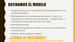 DEFINAMOS EL MODELO
• Imaginemos que no es problema de Programación, si no
de Base de datos.
• Efectivamente en el problema hay datos: Clases con
estudiantes y datos en los estudiantes… Imagina que un
estudiante solo puede estar en una clase.
• Identifiquémoslos.
• Intentemos diseñar el modelo con una herramienta bien
conocida: E-R.
• Veamos como queda el colegio.
¿CÓMO LO HACEMOS?
5 MINUTOS PARA PENSAR INDIVIDUAL , 5 PAREJA Y 5 MINUTOS EN GRUPO DE 4 PERSONAS
 
