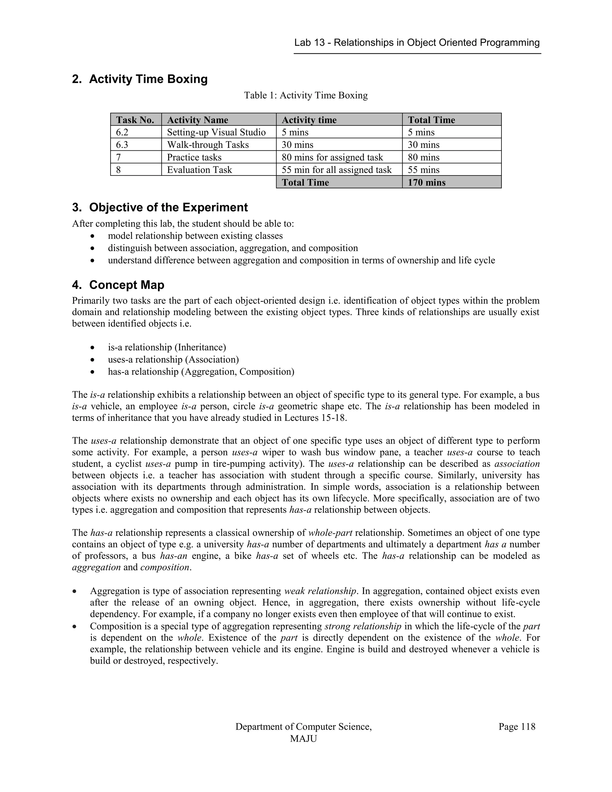 Lab 13 - Relationships in Object Oriented Programming
Department of Computer Science,
MAJU
Page 118
2. Activity Time Boxing
Table 1: Activity Time Boxing
Task No. Activity Name Activity time Total Time
6.2 Setting-up Visual Studio 5 mins 5 mins
6.3 Walk-through Tasks 30 mins 30 mins
7 Practice tasks 80 mins for assigned task 80 mins
8 Evaluation Task 55 min for all assigned task 55 mins
Total Time 170 mins
3. Objective of the Experiment
After completing this lab, the student should be able to:
 model relationship between existing classes
 distinguish between association, aggregation, and composition
 understand difference between aggregation and composition in terms of ownership and life cycle
4. Concept Map
Primarily two tasks are the part of each object-oriented design i.e. identification of object types within the problem
domain and relationship modeling between the existing object types. Three kinds of relationships are usually exist
between identified objects i.e.
 is-a relationship (Inheritance)
 uses-a relationship (Association)
 has-a relationship (Aggregation, Composition)
The is-a relationship exhibits a relationship between an object of specific type to its general type. For example, a bus
is-a vehicle, an employee is-a person, circle is-a geometric shape etc. The is-a relationship has been modeled in
terms of inheritance that you have already studied in Lectures 15-18.
The uses-a relationship demonstrate that an object of one specific type uses an object of different type to perform
some activity. For example, a person uses-a wiper to wash bus window pane, a teacher uses-a course to teach
student, a cyclist uses-a pump in tire-pumping activity). The uses-a relationship can be described as association
between objects i.e. a teacher has association with student through a specific course. Similarly, university has
association with its departments through administration. In simple words, association is a relationship between
objects where exists no ownership and each object has its own lifecycle. More specifically, association are of two
types i.e. aggregation and composition that represents has-a relationship between objects.
The has-a relationship represents a classical ownership of whole-part relationship. Sometimes an object of one type
contains an object of type e.g. a university has-a number of departments and ultimately a department has a number
of professors, a bus has-an engine, a bike has-a set of wheels etc. The has-a relationship can be modeled as
aggregation and composition.
 Aggregation is type of association representing weak relationship. In aggregation, contained object exists even
after the release of an owning object. Hence, in aggregation, there exists ownership without life-cycle
dependency. For example, if a company no longer exists even then employee of that will continue to exist.
 Composition is a special type of aggregation representing strong relationship in which the life-cycle of the part
is dependent on the whole. Existence of the part is directly dependent on the existence of the whole. For
example, the relationship between vehicle and its engine. Engine is build and destroyed whenever a vehicle is
build or destroyed, respectively.
 