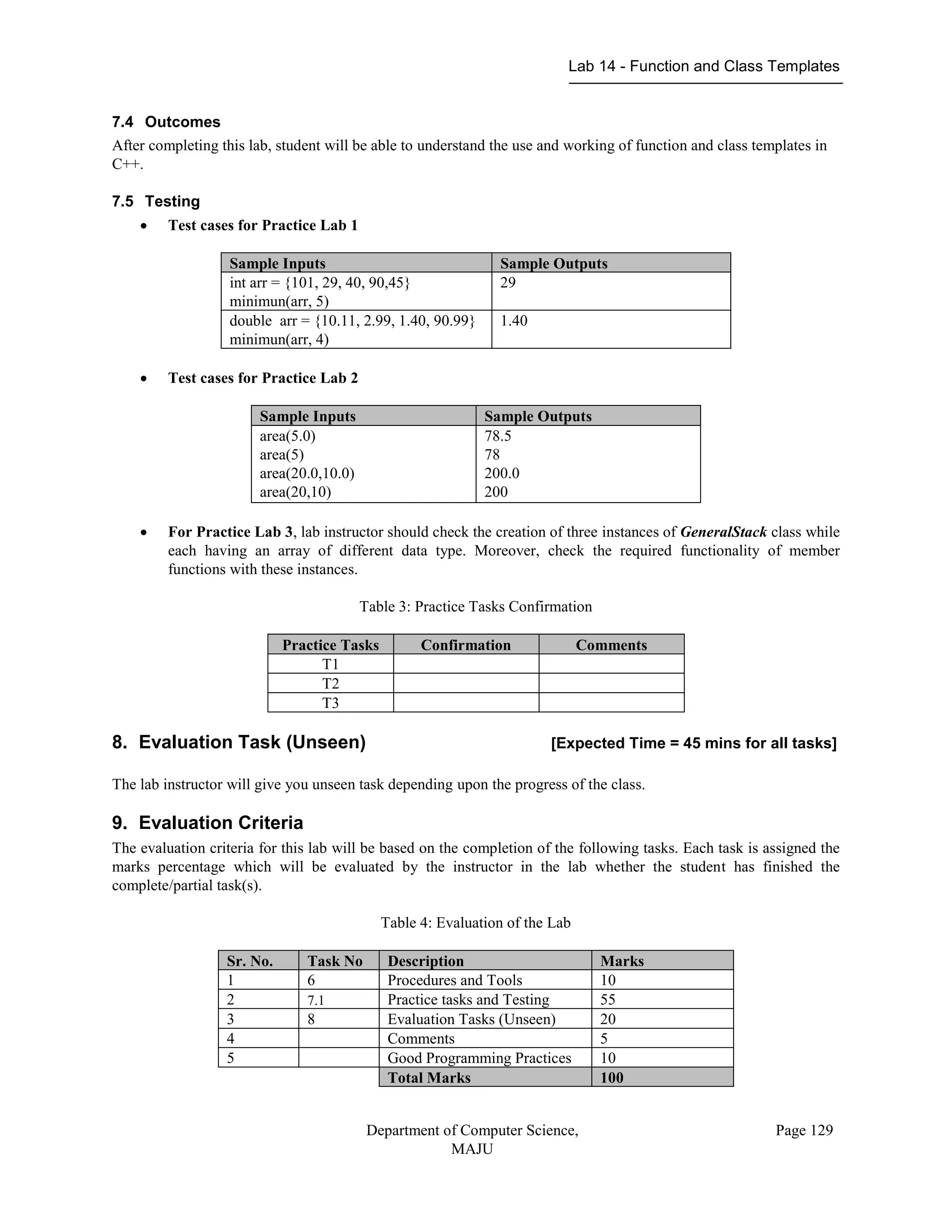 Lab 14 - Function and Class Templates
Department of Computer Science,
MAJU
Page 129
7.4 Outcomes
After completing this lab, student will be able to understand the use and working of function and class templates in
C++.
7.5 Testing
 Test cases for Practice Lab 1
Sample Inputs Sample Outputs
int arr = {101, 29, 40, 90,45}
minimun(arr, 5)
29
double arr = {10.11, 2.99, 1.40, 90.99}
minimun(arr, 4)
1.40
 Test cases for Practice Lab 2
Sample Inputs Sample Outputs
area(5.0)
area(5)
area(20.0,10.0)
area(20,10)
78.5
78
200.0
200
 For Practice Lab 3, lab instructor should check the creation of three instances of GeneralStack class while
each having an array of different data type. Moreover, check the required functionality of member
functions with these instances.
Table 3: Practice Tasks Confirmation
Practice Tasks Confirmation Comments
T1
T2
T3
8. Evaluation Task (Unseen) [Expected Time = 45 mins for all tasks]
The lab instructor will give you unseen task depending upon the progress of the class.
9. Evaluation Criteria
The evaluation criteria for this lab will be based on the completion of the following tasks. Each task is assigned the
marks percentage which will be evaluated by the instructor in the lab whether the student has finished the
complete/partial task(s).
Table 4: Evaluation of the Lab
Sr. No. Task No Description Marks
1 6 Procedures and Tools 10
2 7.1 Practice tasks and Testing 55
3 8 Evaluation Tasks (Unseen) 20
4 Comments 5
5 Good Programming Practices 10
Total Marks 100
 