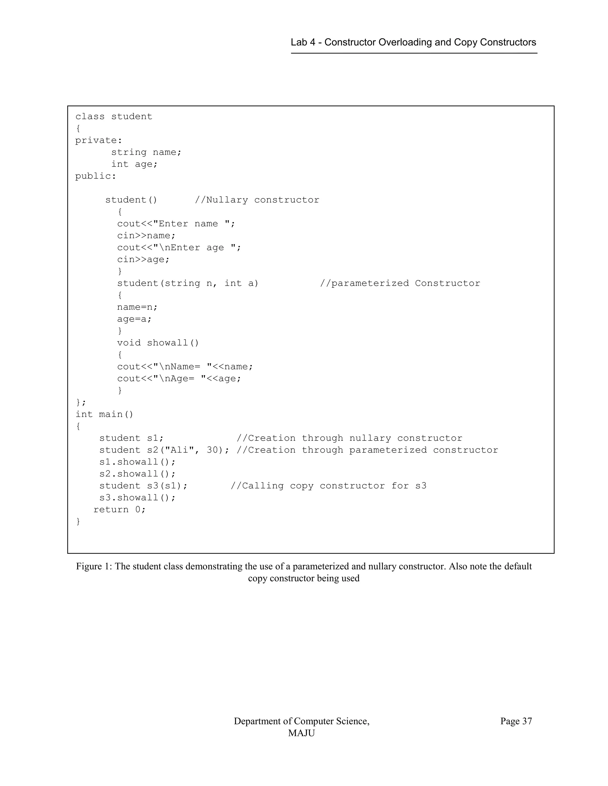 Lab 4 - Constructor Overloading and Copy Constructors
Department of Computer Science,
MAJU
Page 37
Figure 1: The student class demonstrating the use of a parameterized and nullary constructor. Also note the default
copy constructor being used
class student
{
private:
string name;
int age;
public:
student() //Nullary constructor
{
cout<<"Enter name ";
cin>>name;
cout<<"nEnter age ";
cin>>age;
}
student(string n, int a) //parameterized Constructor
{
name=n;
age=a;
}
void showall()
{
cout<<"nName= "<<name;
cout<<"nAge= "<<age;
}
};
int main()
{
student s1; //Creation through nullary constructor
student s2("Ali", 30); //Creation through parameterized constructor
s1.showall();
s2.showall();
student s3(s1); //Calling copy constructor for s3
s3.showall();
return 0;
}
 