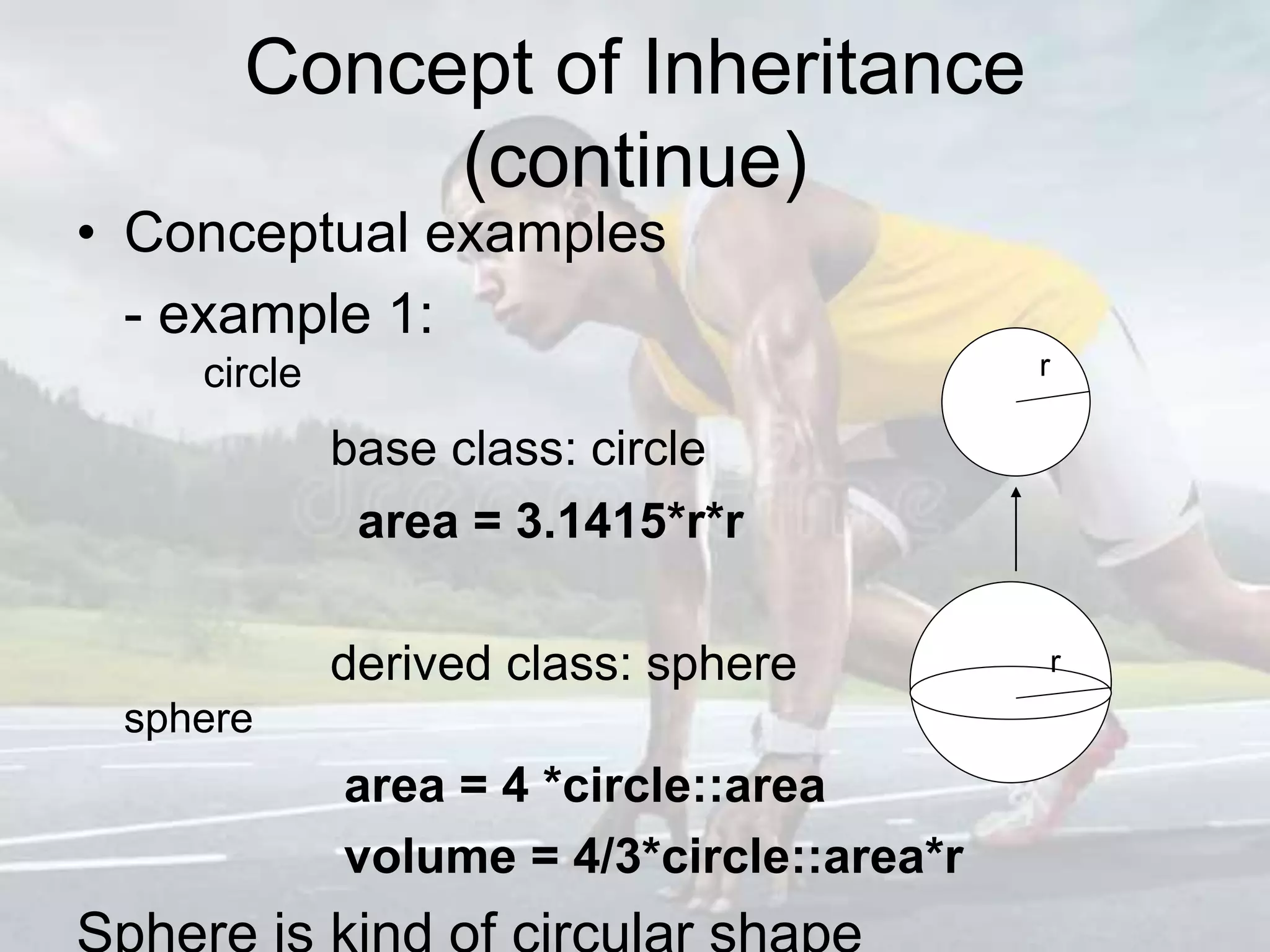 Concept of Inheritance
(continue)
• Conceptual examples
- example 1:
circle
base class: circle
area = 3.1415*r*r
derived class: sphere
sphere
area = 4 *circle::area
volume = 4/3*circle::area*r
r
r
 