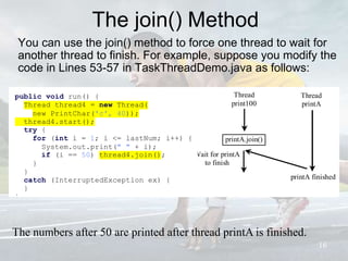 The join() Method
You can use the join() method to force one thread to wait for
another thread to finish. For example, suppose you modify the
code in Lines 53-57 in TaskThreadDemo.java as follows:
16
The numbers after 50 are printed after thread printA is finished.
printA.join()
-char token
+getToken
+setToken
+paintCompone
t
+mouseClicked
Thread
print100
-char token
+getToken
+setToken
+paintCompo
net
+mouseClicke
d
Wait for printA
to finish
+getToken
+setToken
+paintComponet
Thread
printA
-char token
+getToken
+setToken
+paintCompo
net
+mouseClicke
d
printA finished
-char token
public void run() {
Thread thread4 = new Thread(
new PrintChar('c', 40));
thread4.start();
try {
for (int i = 1; i <= lastNum; i++) {
System.out.print(" " + i);
if (i == 50) thread4.join();
}
}
catch (InterruptedException ex) {
}
}
 