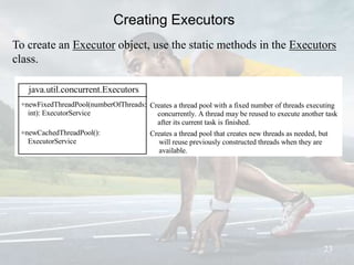 Creating Executors
23
To create an Executor object, use the static methods in the Executors
class.
Creates a thread pool with a fixed number of threads executing
concurrently. A thread may be reused to execute another task
after its current task is finished.
Creates a thread pool that creates new threads as needed, but
will reuse previously constructed threads when they are
available.
java.util.concurrent.Executors
+newFixedThreadPool(numberOfThreads:
int): ExecutorService
+newCachedThreadPool():
ExecutorService
 