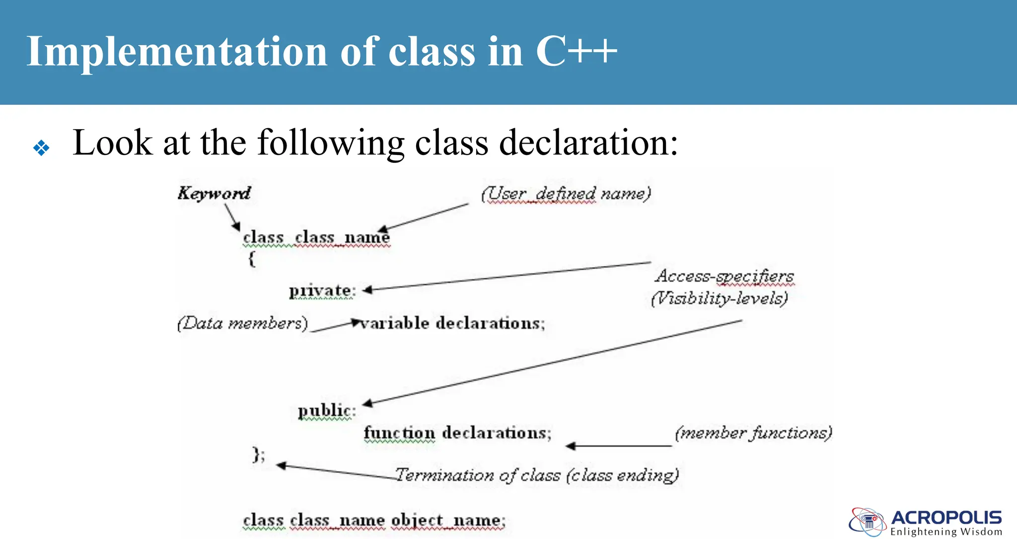 Implementation of class in C++
❖ Look at the following class declaration:
 