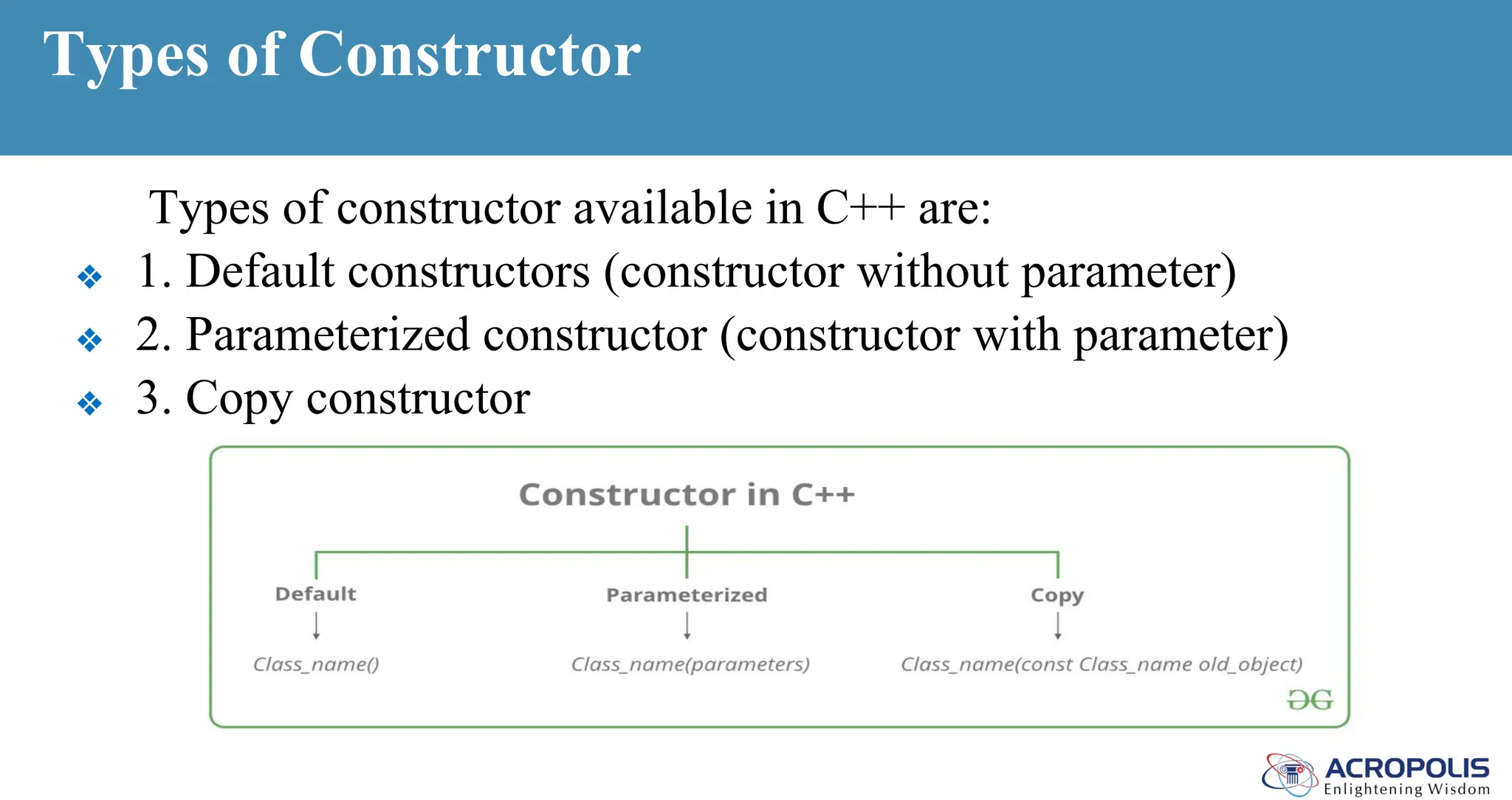 Types of Constructor
Types of constructor available in C++ are:
❖ 1. Default constructors (constructor without parameter)
❖ 2. Parameterized constructor (constructor with parameter)
❖ 3. Copy constructor
 