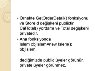 privateYerel üyeDışarıdan hatta bu sınıftan türetilmiş sınıflardan bile erişilemeyeceği anlamına gelir.
