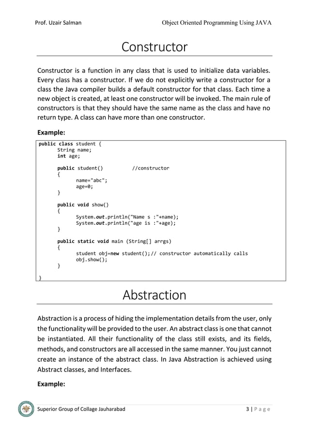 Object Oriented Programming using JAVA Notes | PDF
