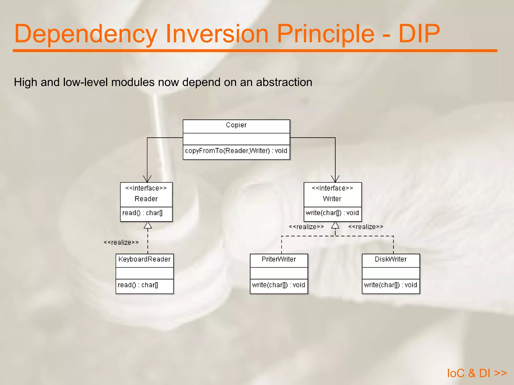 Dependency Inversion Principle - DIP IoC & DI >> High and low-level modules now depend on an abstraction 