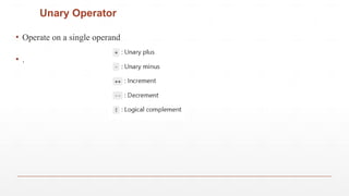 Unary Operator
▪ Operate on a single operand
▪ .
 