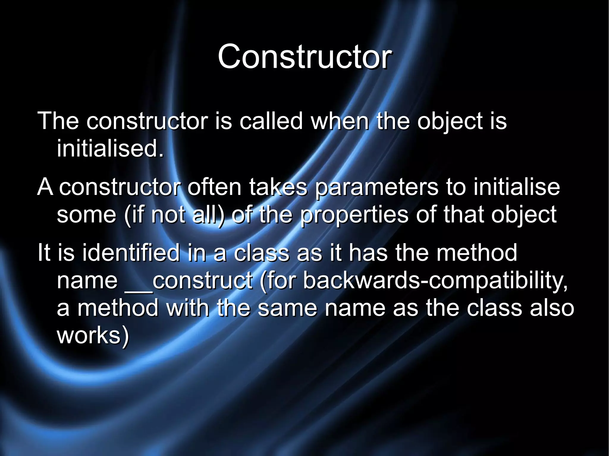Self Referencing Throughout the instance of an object, chances are it will need to reference itself (to get its properties, or call its own methods). In order for an object to reference itself, the variable $this is used in the class. $this->property; 