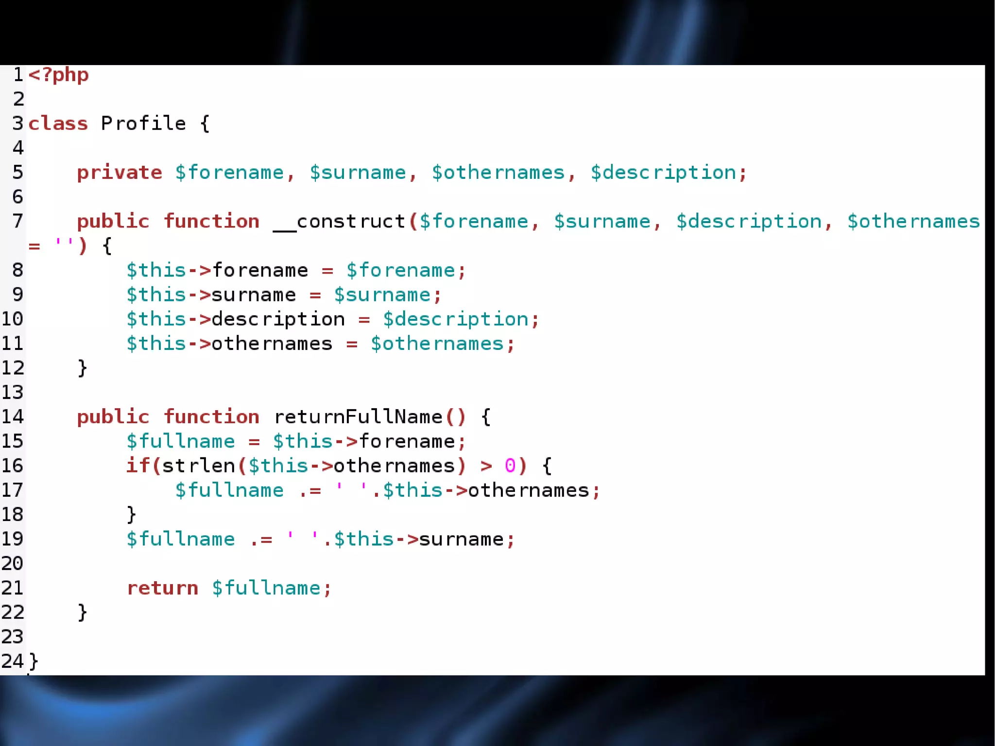 Adding Properties We will add some properties to our Profile class. Of course the properties are not limited to the ones here: 