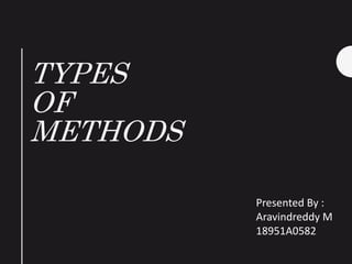 TYPES
OF
METHODS
Presented By :
Aravindreddy M
18951A0582
 