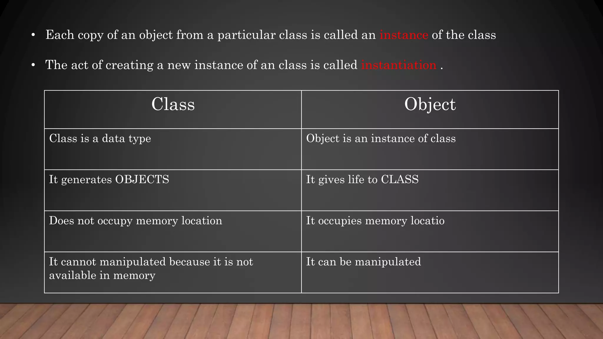 • Each copy of an object from a particular class is called an instance of the class
• The act of creating a new instance of an class is called instantiation .
Class Object
Class is a data type Object is an instance of class
It generates OBJECTS It gives life to CLASS
Does not occupy memory location It occupies memory locatio
It cannot manipulated because it is not
available in memory
It can be manipulated
 