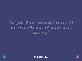 “No part of a complex system should
depend on the internal details of any
other part”
Ingalls, D.
 