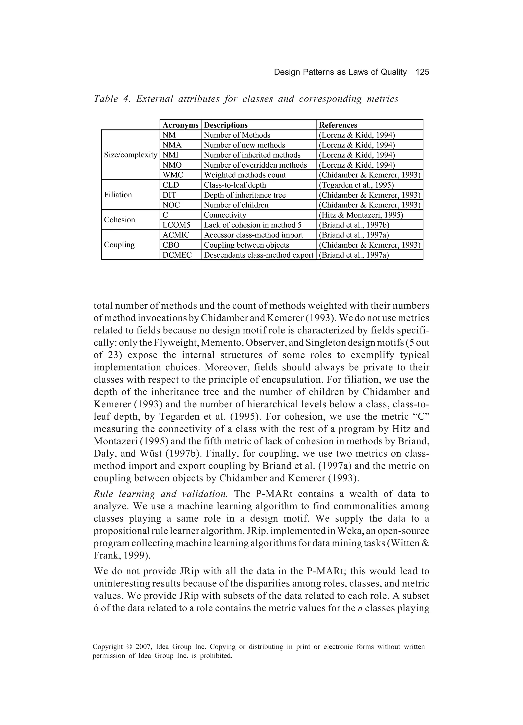Design Patterns as Laws of Quality 125


Table 4. External attributes for classes and corresponding metrics

                   Acronyms       Descriptions                       References
                   NM             Number of Methods                  (Lorenz & Kidd, 1994)
                   NMA            Number of new methods              (Lorenz & Kidd, 1994)
   Size/complexity NMI            Number of inherited methods        (Lorenz & Kidd, 1994)
                   NMO            Number of overridden methods       (Lorenz & Kidd, 1994)
                   WMC            Weighted methods count             (Chidamber & Kemerer, 1993)
                   CLD            Class-to-leaf depth                (Tegarden et al., 1995)
   Filiation       DIT            Depth of inheritance tree          (Chidamber & Kemerer, 1993)
                   NOC            Number of children                 (Chidamber & Kemerer, 1993)
                   C              Connectivity                       (Hitz & Montazeri, 1995)
   Cohesion
                   LCOM5          Lack of cohesion in method 5       (Briand et al., 1997b)
                   ACMIC          Accessor class-method import       (Briand et al., 1997a)
   Coupling        CBO            Coupling between objects           (Chidamber & Kemerer, 1993)
                   DCMEC          Descendants class-method export    (Briand et al., 1997a)




total number of methods and the count of methods weighted with their numbers
of method invocations by Chidamber and Kemerer (1993). We do not use metrics
related to fields because no design motif role is characterized by fields specifi-
cally: only the Flyweight, Memento, Observer, and Singleton design motifs (5 out
of 23) expose the internal structures of some roles to exemplify typical
implementation choices. Moreover, fields should always be private to their
classes with respect to the principle of encapsulation. For filiation, we use the
depth of the inheritance tree and the number of children by Chidamber and
Kemerer (1993) and the number of hierarchical levels below a class, class-to-
leaf depth, by Tegarden et al. (1995). For cohesion, we use the metric “C”
measuring the connectivity of a class with the rest of a program by Hitz and
Montazeri (1995) and the fifth metric of lack of cohesion in methods by Briand,
Daly, and Wüst (1997b). Finally, for coupling, we use two metrics on class-
method import and export coupling by Briand et al. (1997a) and the metric on
coupling between objects by Chidamber and Kemerer (1993).
Rule learning and validation. The P-MARt contains a wealth of data to
analyze. We use a machine learning algorithm to find commonalities among
classes playing a same role in a design motif. We supply the data to a
propositional rule learner algorithm, JRip, implemented in Weka, an open-source
program collecting machine learning algorithms for data mining tasks (Witten &
Frank, 1999).
We do not provide JRip with all the data in the P-MARt; this would lead to
uninteresting results because of the disparities among roles, classes, and metric
values. We provide JRip with subsets of the data related to each role. A subset
ó of the data related to a role contains the metric values for the n classes playing


Copyright © 2007, Idea Group Inc. Copying or distributing in print or electronic forms without written
permission of Idea Group Inc. is prohibited.
 