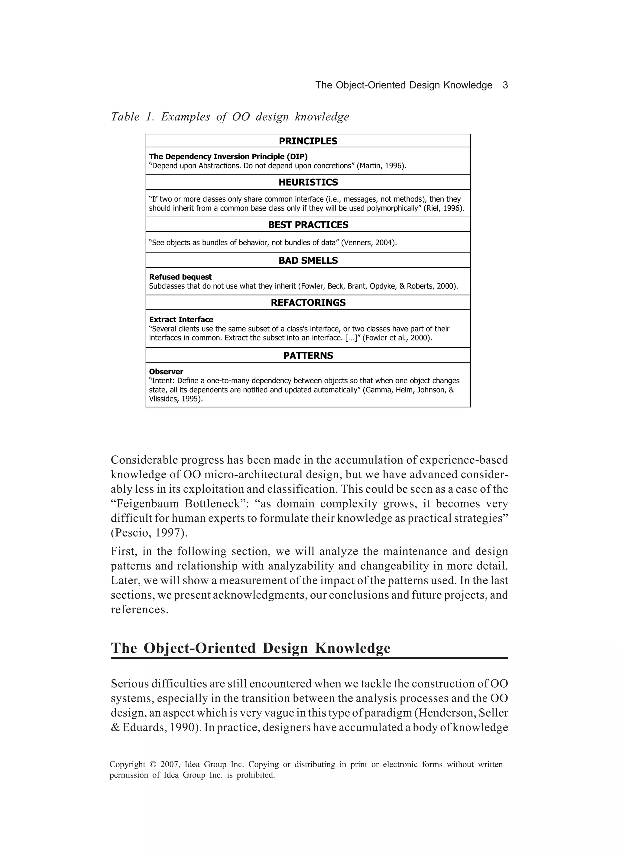 The Object-Oriented Design Knowledge            3


Table 1. Examples of OO design knowledge
                                                  PRINCIPLES
          The Dependency Inversion Principle (DIP)
          “Depend upon Abstractions. Do not depend upon concretions” (Martin, 1996).

                                                  HEURISTICS
          “If two or more classes only share common interface (i.e., messages, not methods), then they
          should inherit from a common base class only if they will be used polymorphically” (Riel, 1996).

                                               BEST PRACTICES
          “See objects as bundles of behavior, not bundles of data” (Venners, 2004).

                                                  BAD SMELLS
          Refused bequest
          Subclasses that do not use what they inherit (Fowler, Beck, Brant, Opdyke, & Roberts, 2000).

                                                REFACTORINGS
          Extract Interface
          “Several clients use the same subset of a class's interface, or two classes have part of their
          interfaces in common. Extract the subset into an interface. […]” (Fowler et al., 2000).

                                                   PATTERNS
          Observer
          “Intent: Define a one-to-many dependency between objects so that when one object changes
          state, all its dependents are notified and updated automatically” (Gamma, Helm, Johnson, &
          Vlissides, 1995).




Considerable progress has been made in the accumulation of experience-based
knowledge of OO micro-architectural design, but we have advanced consider-
ably less in its exploitation and classification. This could be seen as a case of the
“Feigenbaum Bottleneck”: “as domain complexity grows, it becomes very
difficult for human experts to formulate their knowledge as practical strategies”
(Pescio, 1997).
First, in the following section, we will analyze the maintenance and design
patterns and relationship with analyzability and changeability in more detail.
Later, we will show a measurement of the impact of the patterns used. In the last
sections, we present acknowledgments, our conclusions and future projects, and
references.


The Object-Oriented Design Knowledge

Serious difficulties are still encountered when we tackle the construction of OO
systems, especially in the transition between the analysis processes and the OO
design, an aspect which is very vague in this type of paradigm (Henderson, Seller
& Eduards, 1990). In practice, designers have accumulated a body of knowledge

Copyright © 2007, Idea Group Inc. Copying or distributing in print or electronic forms without written
permission of Idea Group Inc. is prohibited.
 