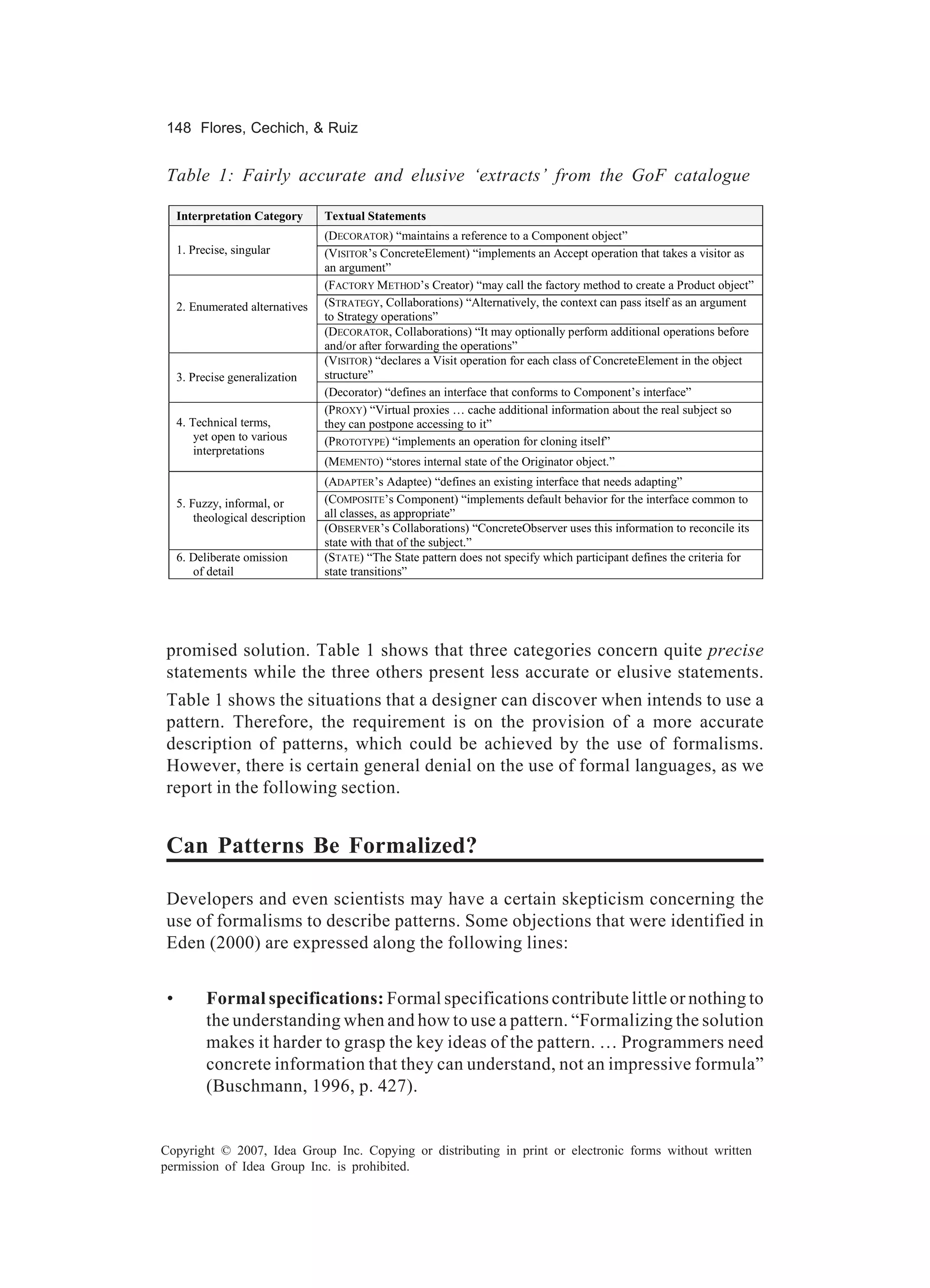 148 Flores, Cechich, & Ruiz


Table 1: Fairly accurate and elusive ‘extracts’ from the GoF catalogue

     Interpretation Category       Textual Statements
                                   (DECORATOR) “maintains a reference to a Component object”
     1. Precise, singular          (VISITOR’s ConcreteElement) “implements an Accept operation that takes a visitor as
                                   an argument”
                                   (FACTORY METHOD’s Creator) “may call the factory method to create a Product object”
     2. Enumerated alternatives    (STRATEGY, Collaborations) “Alternatively, the context can pass itself as an argument
                                   to Strategy operations”
                                   (DECORATOR, Collaborations) “It may optionally perform additional operations before
                                   and/or after forwarding the operations”
                                   (VISITOR) “declares a Visit operation for each class of ConcreteElement in the object
     3. Precise generalization     structure”
                                   (Decorator) “defines an interface that conforms to Component’s interface”
                                   (PROXY) “Virtual proxies … cache additional information about the real subject so
     4. Technical terms,           they can postpone accessing to it”
         yet open to various       (PROTOTYPE) “implements an operation for cloning itself”
         interpretations
                                   (MEMENTO) “stores internal state of the Originator object.”
                                   (ADAPTER’s Adaptee) “defines an existing interface that needs adapting”
     5. Fuzzy, informal, or        (COMPOSITE’s Component) “implements default behavior for the interface common to
         theological description   all classes, as appropriate”
                                   (OBSERVER’s Collaborations) “ConcreteObserver uses this information to reconcile its
                                   state with that of the subject.”
     6. Deliberate omission        (STATE) “The State pattern does not specify which participant defines the criteria for
        of detail                  state transitions”




promised solution. Table 1 shows that three categories concern quite precise
statements while the three others present less accurate or elusive statements.
Table 1 shows the situations that a designer can discover when intends to use a
pattern. Therefore, the requirement is on the provision of a more accurate
description of patterns, which could be achieved by the use of formalisms.
However, there is certain general denial on the use of formal languages, as we
report in the following section.


Can Patterns Be Formalized?

Developers and even scientists may have a certain skepticism concerning the
use of formalisms to describe patterns. Some objections that were identified in
Eden (2000) are expressed along the following lines:


 •         Formal specifications: Formal specifications contribute little or nothing to
           the understanding when and how to use a pattern. “Formalizing the solution
           makes it harder to grasp the key ideas of the pattern. … Programmers need
           concrete information that they can understand, not an impressive formula”
           (Buschmann, 1996, p. 427).


Copyright © 2007, Idea Group Inc. Copying or distributing in print or electronic forms without written
permission of Idea Group Inc. is prohibited.
 