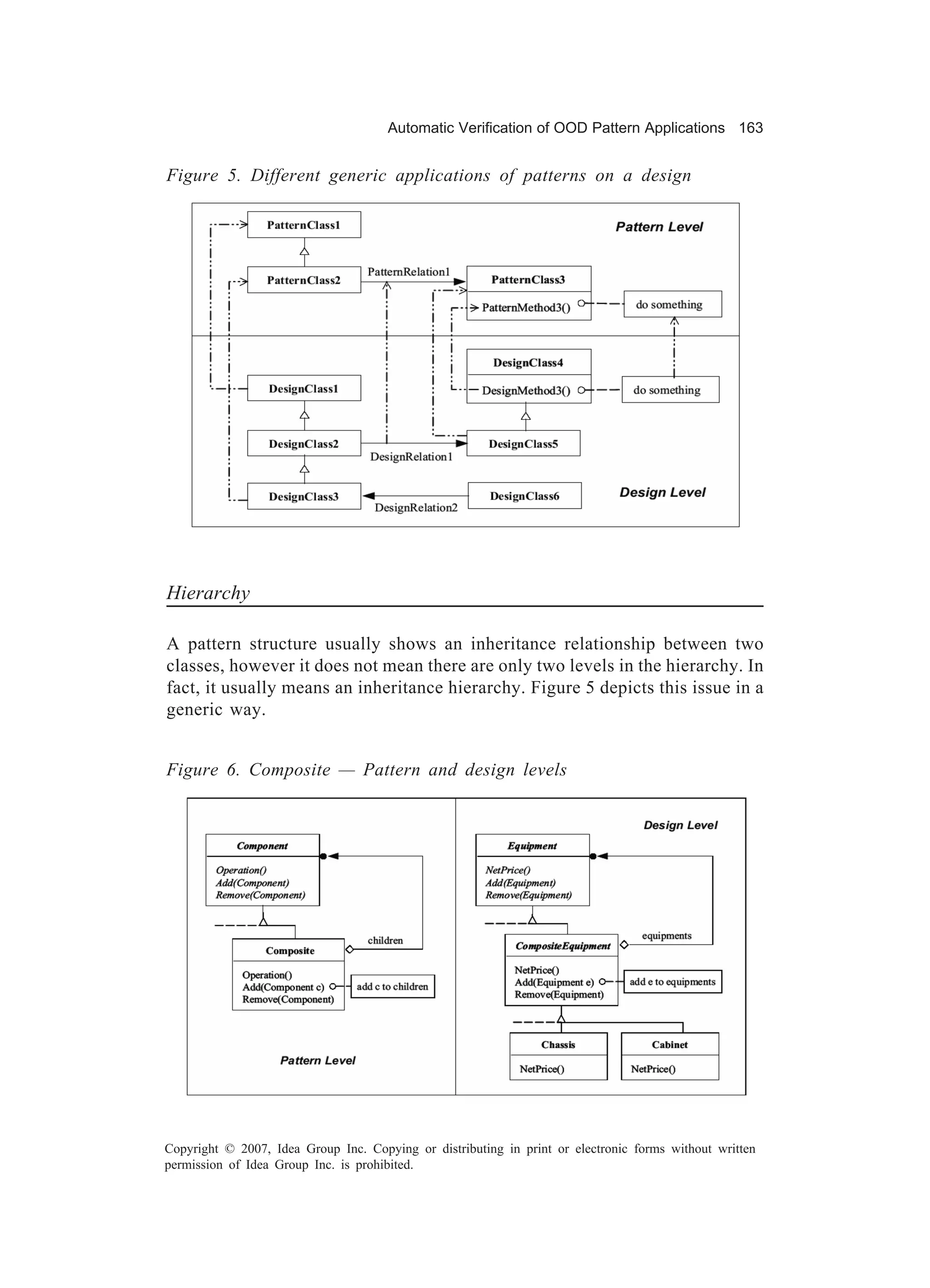 Automatic Verification of OOD Pattern Applications 163


Figure 5. Different generic applications of patterns on a design




Hierarchy

A pattern structure usually shows an inheritance relationship between two
classes, however it does not mean there are only two levels in the hierarchy. In
fact, it usually means an inheritance hierarchy. Figure 5 depicts this issue in a
generic way.


Figure 6. Composite — Pattern and design levels




Copyright © 2007, Idea Group Inc. Copying or distributing in print or electronic forms without written
permission of Idea Group Inc. is prohibited.
 