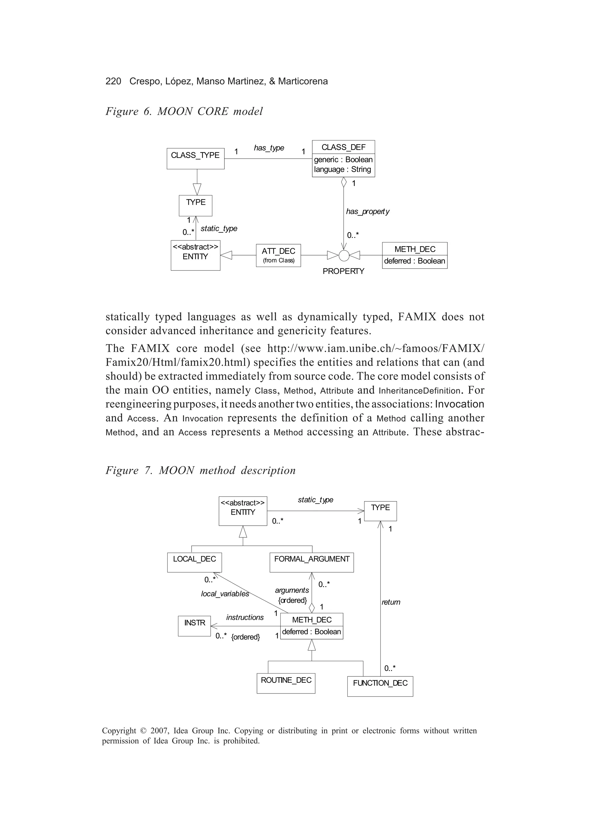 220 Crespo, López, Manso Martinez, & Marticorena


Figure 6. MOON CORE model


                                             has_type                 CLASS_DEF
                  CLASS_TYPE          1                         1
                                                                    generic : Boolean
                                                                    language : String
                                                                              1

                      TYPE
                                                                             has_property
                       1
                     0..* static_type                                        0..*
                   <<abstract>>                                                            METH_DEC
                                                ATT_DEC
                     ENTITY                     (from Class)                            deferred : Boolean
                                                                      PROPERTY




statically typed languages as well as dynamically typed, FAMIX does not
consider advanced inheritance and genericity features.
The FAMIX core model (see http://www.iam.unibe.ch/~famoos/FAMIX/
Famix20/Html/famix20.html) specifies the entities and relations that can (and
should) be extracted immediately from source code. The core model consists of
the main OO entities, namely Class, Method, Attribute and InheritanceDefinition. For
reengineering purposes, it needs another two entities, the associations: Invocation
and Access. An Invocation represents the definition of a Method calling another
Method, and an Access represents a Method accessing an Attribute. These abstrac-



Figure 7. MOON method description

                                   <<abstract>>                static_type
                                                                                      TYPE
                                     ENTITY
                                                   0..*                           1
                                                                                          1


                   LOCAL_DEC                        FORMAL_ARGUMENT

                            0..*
                                                                     0..*
                           local_variables          arguments
                                                     {ordered}                          return
                                                                     1
                                                    1
                                    instructions           METH_DEC
                      INSTR
                                                        deferred : Boolean
                               0..* {ordered}       1



                                                                                        0..*
                                                ROUTINE_DEC                    FUNCTION_DEC




Copyright © 2007, Idea Group Inc. Copying or distributing in print or electronic forms without written
permission of Idea Group Inc. is prohibited.
 