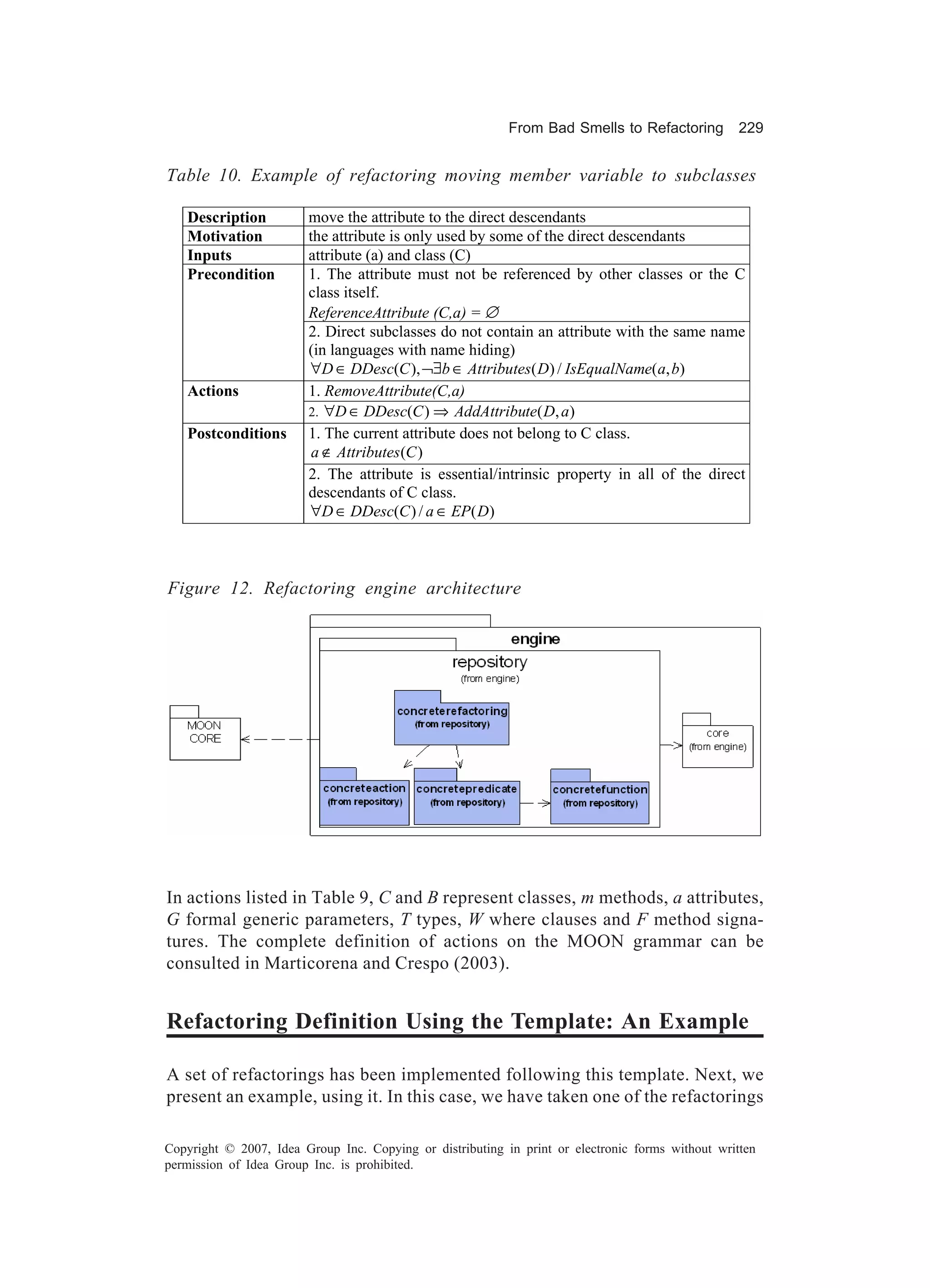 From Bad Smells to Refactoring          229


Table 10. Example of refactoring moving member variable to subclasses

   Description          move the attribute to the direct descendants
   Motivation           the attribute is only used by some of the direct descendants
   Inputs               attribute (a) and class (C)
   Precondition         1. The attribute must not be referenced by other classes or the C
                        class itself.
                        ReferenceAttribute (C,a) = ∅
                        2. Direct subclasses do not contain an attribute with the same name
                        (in languages with name hiding)
                        ∀D ∈ DDesc(C ), ¬∃b ∈ Attributes( D) / IsEqualName(a, b)
   Actions              1. RemoveAttribute(C,a)
                        2. ∀D ∈ DDesc(C ) ⇒ AddAttribute( D, a)
   Postconditions       1. The current attribute does not belong to C class.
                         a ∉ Attributes (C )
                        2. The attribute is essential/intrinsic property in all of the direct
                        descendants of C class.
                        ∀D ∈ DDesc(C ) / a ∈ EP( D)



Figure 12. Refactoring engine architecture




In actions listed in Table 9, C and B represent classes, m methods, a attributes,
G formal generic parameters, T types, W where clauses and F method signa-
tures. The complete definition of actions on the MOON grammar can be
consulted in Marticorena and Crespo (2003).


Refactoring Definition Using the Template: An Example

A set of refactorings has been implemented following this template. Next, we
present an example, using it. In this case, we have taken one of the refactorings

Copyright © 2007, Idea Group Inc. Copying or distributing in print or electronic forms without written
permission of Idea Group Inc. is prohibited.
 