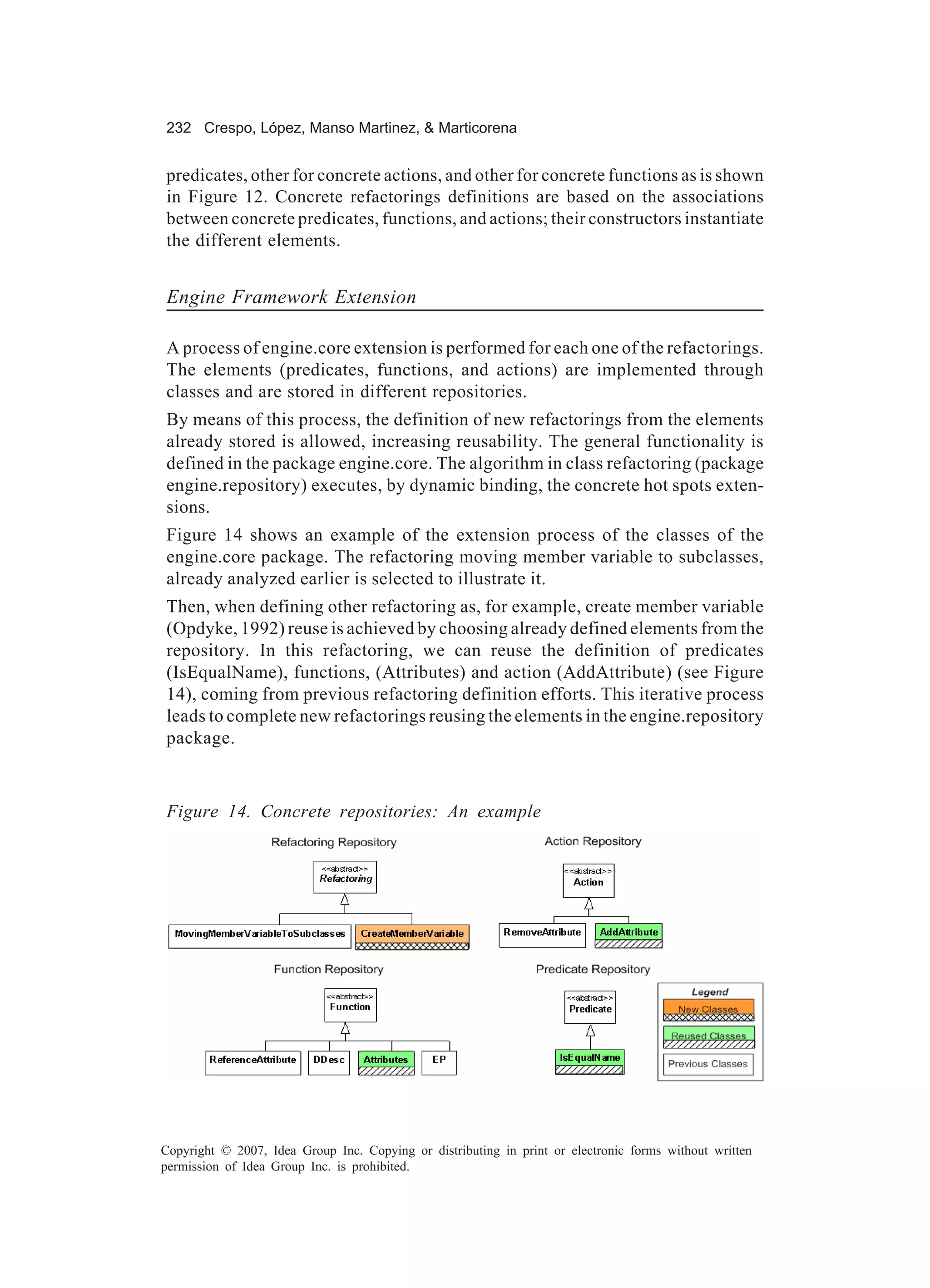 232 Crespo, López, Manso Martinez, & Marticorena


predicates, other for concrete actions, and other for concrete functions as is shown
in Figure 12. Concrete refactorings definitions are based on the associations
between concrete predicates, functions, and actions; their constructors instantiate
the different elements.


Engine Framework Extension

A process of engine.core extension is performed for each one of the refactorings.
The elements (predicates, functions, and actions) are implemented through
classes and are stored in different repositories.
By means of this process, the definition of new refactorings from the elements
already stored is allowed, increasing reusability. The general functionality is
defined in the package engine.core. The algorithm in class refactoring (package
engine.repository) executes, by dynamic binding, the concrete hot spots exten-
sions.
Figure 14 shows an example of the extension process of the classes of the
engine.core package. The refactoring moving member variable to subclasses,
already analyzed earlier is selected to illustrate it.
Then, when defining other refactoring as, for example, create member variable
(Opdyke, 1992) reuse is achieved by choosing already defined elements from the
repository. In this refactoring, we can reuse the definition of predicates
(IsEqualName), functions, (Attributes) and action (AddAttribute) (see Figure
14), coming from previous refactoring definition efforts. This iterative process
leads to complete new refactorings reusing the elements in the engine.repository
package.



Figure 14. Concrete repositories: An example




Copyright © 2007, Idea Group Inc. Copying or distributing in print or electronic forms without written
permission of Idea Group Inc. is prohibited.
 
