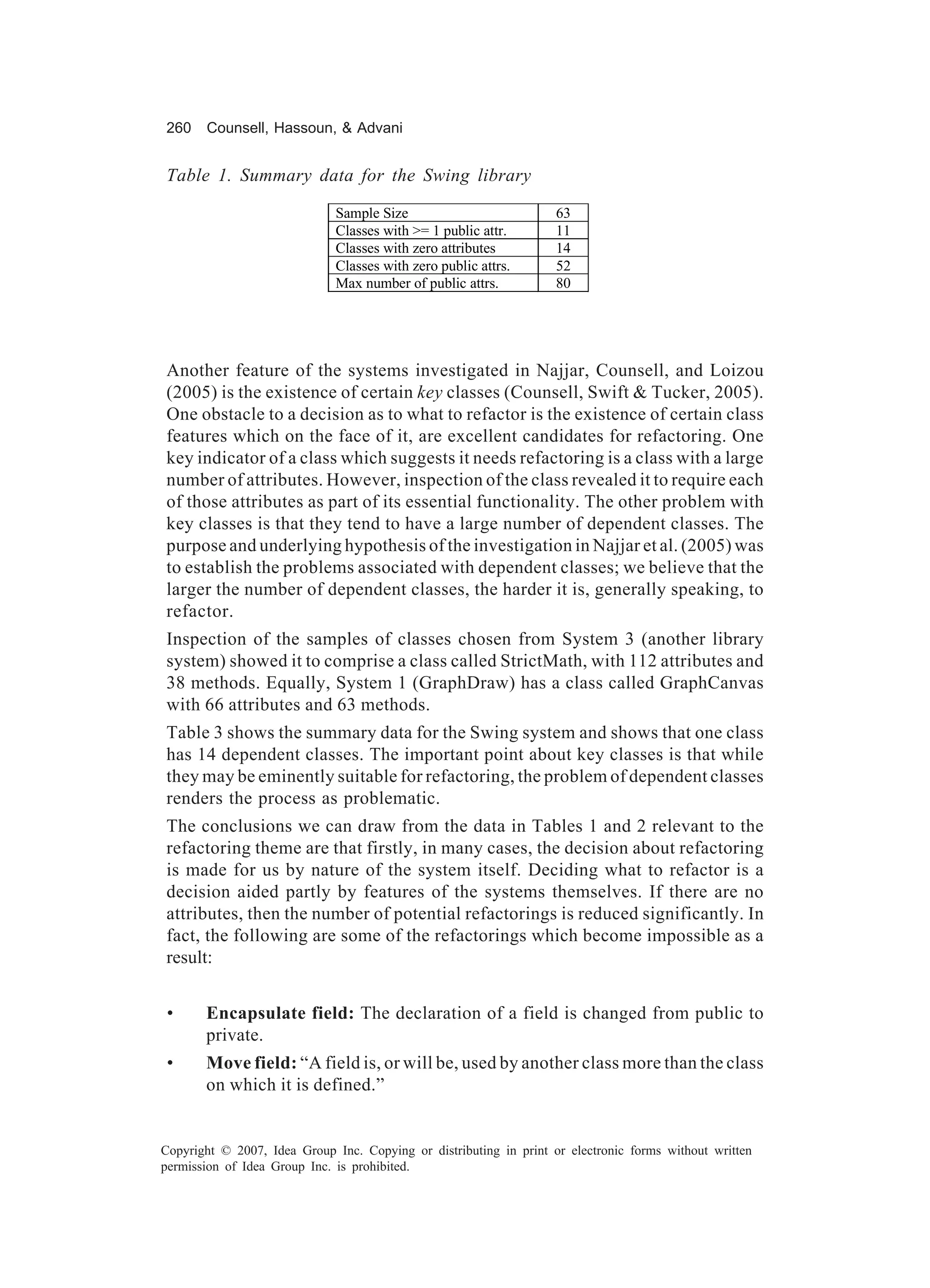 260    Counsell, Hassoun, & Advani


Table 1. Summary data for the Swing library

                              Sample Size                           63
                              Classes with >= 1 public attr.        11
                              Classes with zero attributes          14
                              Classes with zero public attrs.       52
                              Max number of public attrs.           80




Another feature of the systems investigated in Najjar, Counsell, and Loizou
(2005) is the existence of certain key classes (Counsell, Swift & Tucker, 2005).
One obstacle to a decision as to what to refactor is the existence of certain class
features which on the face of it, are excellent candidates for refactoring. One
key indicator of a class which suggests it needs refactoring is a class with a large
number of attributes. However, inspection of the class revealed it to require each
of those attributes as part of its essential functionality. The other problem with
key classes is that they tend to have a large number of dependent classes. The
purpose and underlying hypothesis of the investigation in Najjar et al. (2005) was
to establish the problems associated with dependent classes; we believe that the
larger the number of dependent classes, the harder it is, generally speaking, to
refactor.
Inspection of the samples of classes chosen from System 3 (another library
system) showed it to comprise a class called StrictMath, with 112 attributes and
38 methods. Equally, System 1 (GraphDraw) has a class called GraphCanvas
with 66 attributes and 63 methods.
Table 3 shows the summary data for the Swing system and shows that one class
has 14 dependent classes. The important point about key classes is that while
they may be eminently suitable for refactoring, the problem of dependent classes
renders the process as problematic.
The conclusions we can draw from the data in Tables 1 and 2 relevant to the
refactoring theme are that firstly, in many cases, the decision about refactoring
is made for us by nature of the system itself. Deciding what to refactor is a
decision aided partly by features of the systems themselves. If there are no
attributes, then the number of potential refactorings is reduced significantly. In
fact, the following are some of the refactorings which become impossible as a
result:


 •     Encapsulate field: The declaration of a field is changed from public to
       private.
 •     Move field: “A field is, or will be, used by another class more than the class
       on which it is defined.”


Copyright © 2007, Idea Group Inc. Copying or distributing in print or electronic forms without written
permission of Idea Group Inc. is prohibited.
 