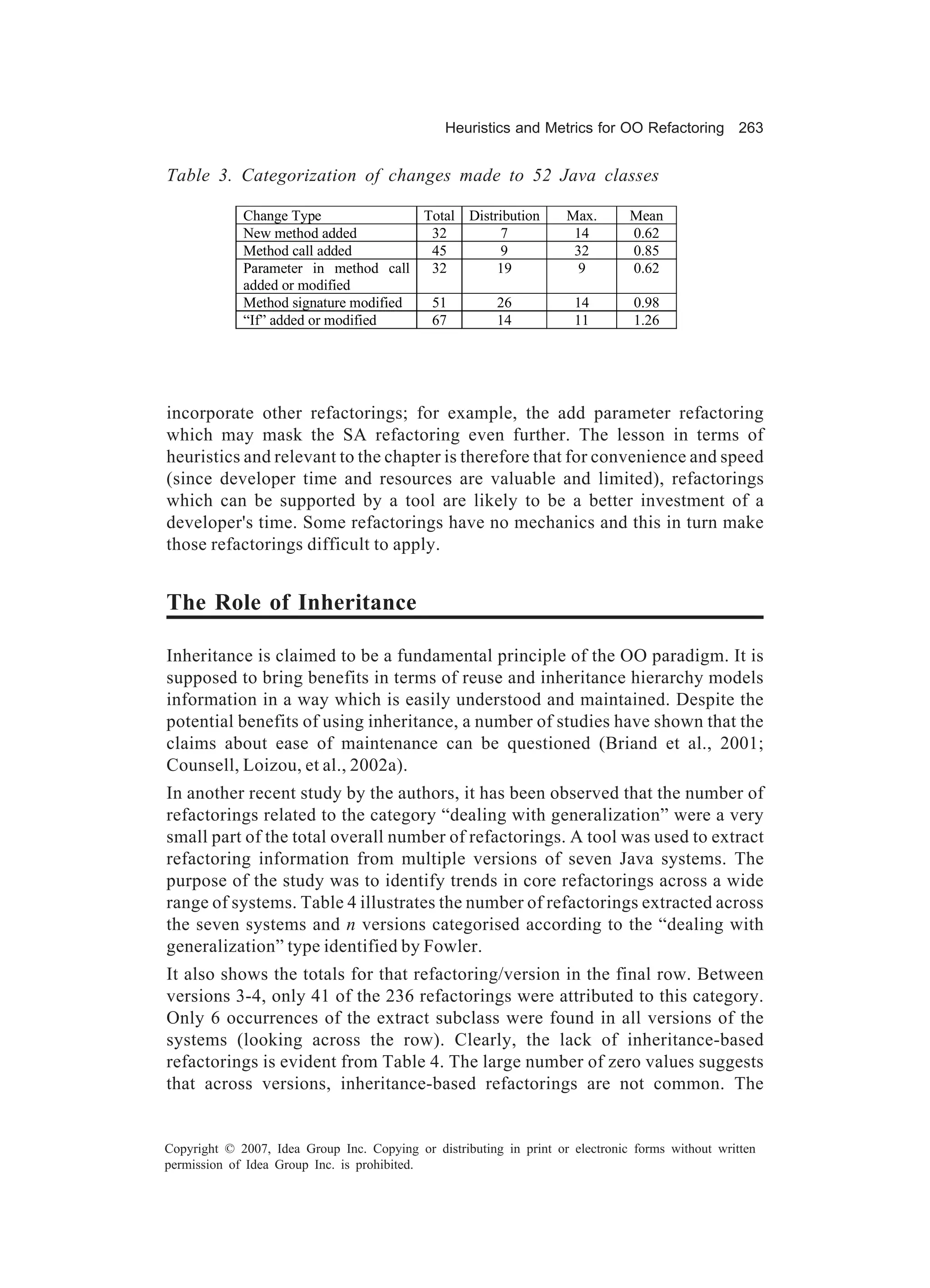 Heuristics and Metrics for OO Refactoring 263


Table 3. Categorization of changes made to 52 Java classes

             Change Type               Total Distribution            Max.       Mean
             New method added           32         7                  14        0.62
             Method call added          45         9                  32        0.85
             Parameter in method call   32        19                   9        0.62
             added or modified
             Method signature modified  51        26                  14        0.98
             “If” added or modified     67        14                  11        1.26




incorporate other refactorings; for example, the add parameter refactoring
which may mask the SA refactoring even further. The lesson in terms of
heuristics and relevant to the chapter is therefore that for convenience and speed
(since developer time and resources are valuable and limited), refactorings
which can be supported by a tool are likely to be a better investment of a
developer's time. Some refactorings have no mechanics and this in turn make
those refactorings difficult to apply.


The Role of Inheritance

Inheritance is claimed to be a fundamental principle of the OO paradigm. It is
supposed to bring benefits in terms of reuse and inheritance hierarchy models
information in a way which is easily understood and maintained. Despite the
potential benefits of using inheritance, a number of studies have shown that the
claims about ease of maintenance can be questioned (Briand et al., 2001;
Counsell, Loizou, et al., 2002a).
In another recent study by the authors, it has been observed that the number of
refactorings related to the category “dealing with generalization” were a very
small part of the total overall number of refactorings. A tool was used to extract
refactoring information from multiple versions of seven Java systems. The
purpose of the study was to identify trends in core refactorings across a wide
range of systems. Table 4 illustrates the number of refactorings extracted across
the seven systems and n versions categorised according to the “dealing with
generalization” type identified by Fowler.
It also shows the totals for that refactoring/version in the final row. Between
versions 3-4, only 41 of the 236 refactorings were attributed to this category.
Only 6 occurrences of the extract subclass were found in all versions of the
systems (looking across the row). Clearly, the lack of inheritance-based
refactorings is evident from Table 4. The large number of zero values suggests
that across versions, inheritance-based refactorings are not common. The


Copyright © 2007, Idea Group Inc. Copying or distributing in print or electronic forms without written
permission of Idea Group Inc. is prohibited.
 