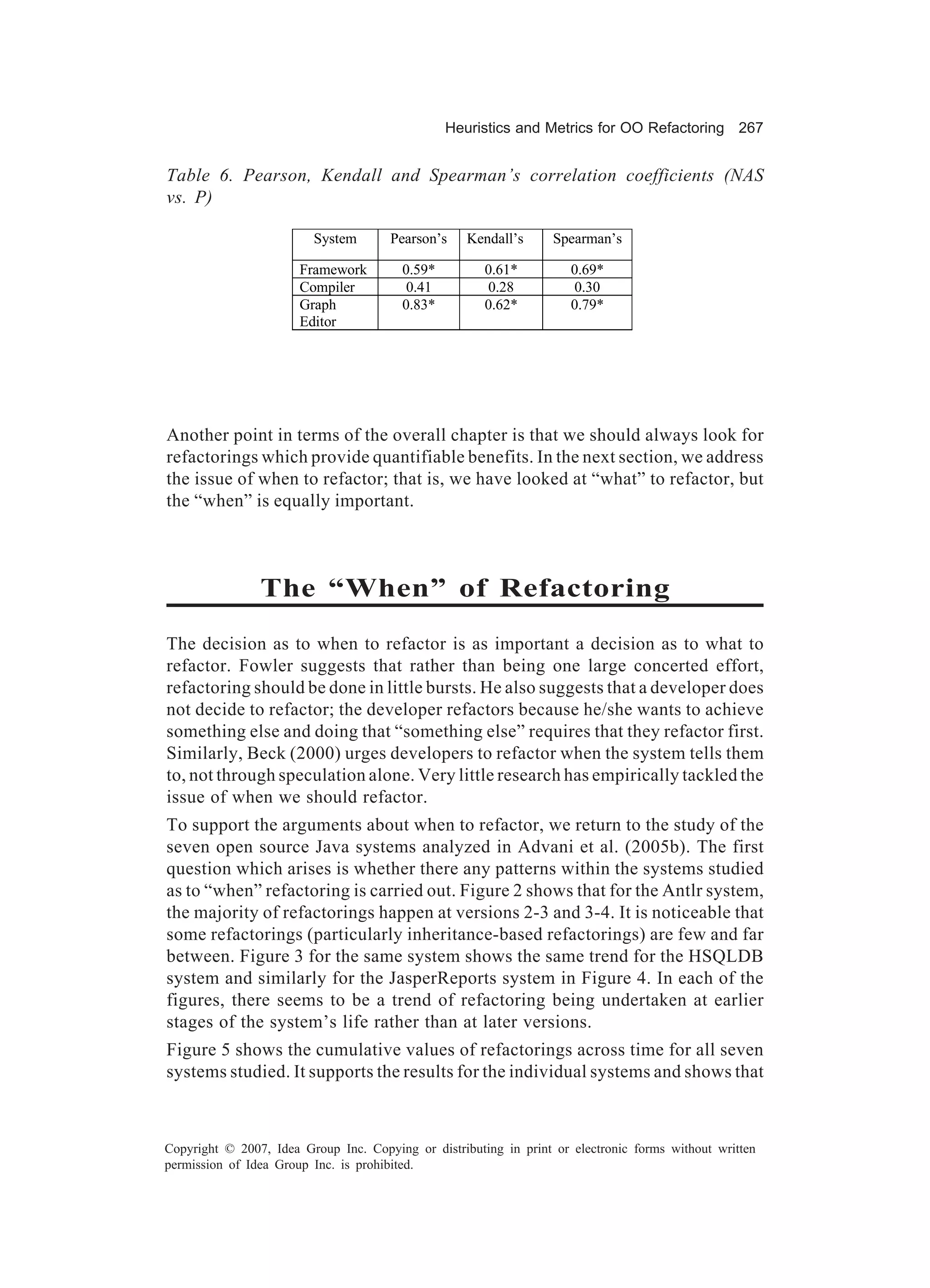 Heuristics and Metrics for OO Refactoring 267


Table 6. Pearson, Kendall and Spearman’s correlation coefficients (NAS
vs. P)

                         System       Pearson’s     Kendall’s      Spearman’s

                       Framework         0.59*         0.61*          0.69*
                       Compiler           0.41         0.28           0.30
                       Graph             0.83*         0.62*          0.79*
                       Editor




Another point in terms of the overall chapter is that we should always look for
refactorings which provide quantifiable benefits. In the next section, we address
the issue of when to refactor; that is, we have looked at “what” to refactor, but
the “when” is equally important.



                The “When” of Refactoring
The decision as to when to refactor is as important a decision as to what to
refactor. Fowler suggests that rather than being one large concerted effort,
refactoring should be done in little bursts. He also suggests that a developer does
not decide to refactor; the developer refactors because he/she wants to achieve
something else and doing that “something else” requires that they refactor first.
Similarly, Beck (2000) urges developers to refactor when the system tells them
to, not through speculation alone. Very little research has empirically tackled the
issue of when we should refactor.
To support the arguments about when to refactor, we return to the study of the
seven open source Java systems analyzed in Advani et al. (2005b). The first
question which arises is whether there any patterns within the systems studied
as to “when” refactoring is carried out. Figure 2 shows that for the Antlr system,
the majority of refactorings happen at versions 2-3 and 3-4. It is noticeable that
some refactorings (particularly inheritance-based refactorings) are few and far
between. Figure 3 for the same system shows the same trend for the HSQLDB
system and similarly for the JasperReports system in Figure 4. In each of the
figures, there seems to be a trend of refactoring being undertaken at earlier
stages of the system’s life rather than at later versions.
Figure 5 shows the cumulative values of refactorings across time for all seven
systems studied. It supports the results for the individual systems and shows that



Copyright © 2007, Idea Group Inc. Copying or distributing in print or electronic forms without written
permission of Idea Group Inc. is prohibited.
 