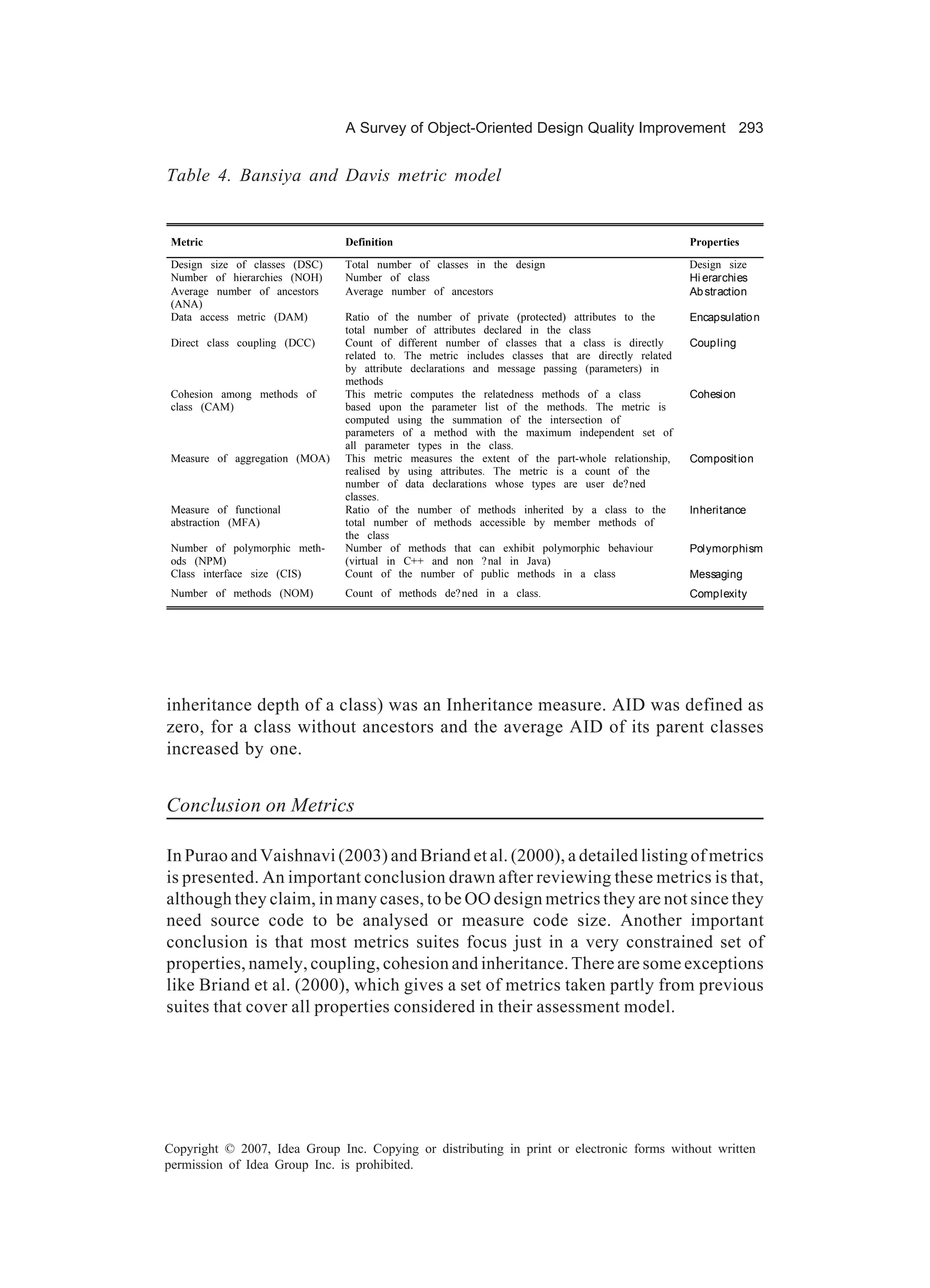 A Survey of Object-Oriented Design Quality Improvement 293


Table 4. Bansiya and Davis metric model


 Metric                         Definition                                                          Properties

 Design size of classes (DSC)   Total number of classes in the design                               Design size
 Number of hierarchies (NOH)    Number of class                                                     Hi erarchies
 Average number of ancestors    Average number of ancestors                                         Ab straction
 (ANA)
 Data access metric (DAM)       Ratio of the number of private (protected) attributes to the        Encapsulatio n
                                total number of attributes declared in the class
 Direct class coupling (DCC)    Count of different number of classes that a class is directly       Coupling
                                related to. The metric includes classes that are directly related
                                by attribute declarations and message passing (parameters) in
                                methods
 Cohesion among methods of      This metric computes the relatedness methods of a class             Cohesion
 class (CAM)                    based upon the parameter list of the methods. The metric is
                                computed using the summation of the intersection of
                                parameters of a method with the maximum independent set of
                                all parameter types in the class.
 Measure of aggregation (MOA)   This metric measures the extent of the part-whole relationship,     Composit ion
                                realised by using attributes. The metric is a count of the
                                number of data declarations whose types are user de? ned
                                classes.
 Measure of functional          Ratio of the number of methods inherited by a class to the          Inheritance
 abstraction (MFA)              total number of methods accessible by member methods of
                                the class
 Number of polymorphic meth-    Number of methods that can exhibit polymorphic behaviour            Polymorphism
 ods (NPM)                      (virtual in C++ and non ? nal in Java)
 Class interface size (CIS)     Count of the number of public methods in a class                    Messaging
 Number of methods (NOM)        Count of methods de? ned in a class.                                Complexity




inheritance depth of a class) was an Inheritance measure. AID was defined as
zero, for a class without ancestors and the average AID of its parent classes
increased by one.


Conclusion on Metrics

In Purao and Vaishnavi (2003) and Briand et al. (2000), a detailed listing of metrics
is presented. An important conclusion drawn after reviewing these metrics is that,
although they claim, in many cases, to be OO design metrics they are not since they
need source code to be analysed or measure code size. Another important
conclusion is that most metrics suites focus just in a very constrained set of
properties, namely, coupling, cohesion and inheritance. There are some exceptions
like Briand et al. (2000), which gives a set of metrics taken partly from previous
suites that cover all properties considered in their assessment model.




Copyright © 2007, Idea Group Inc. Copying or distributing in print or electronic forms without written
permission of Idea Group Inc. is prohibited.
 