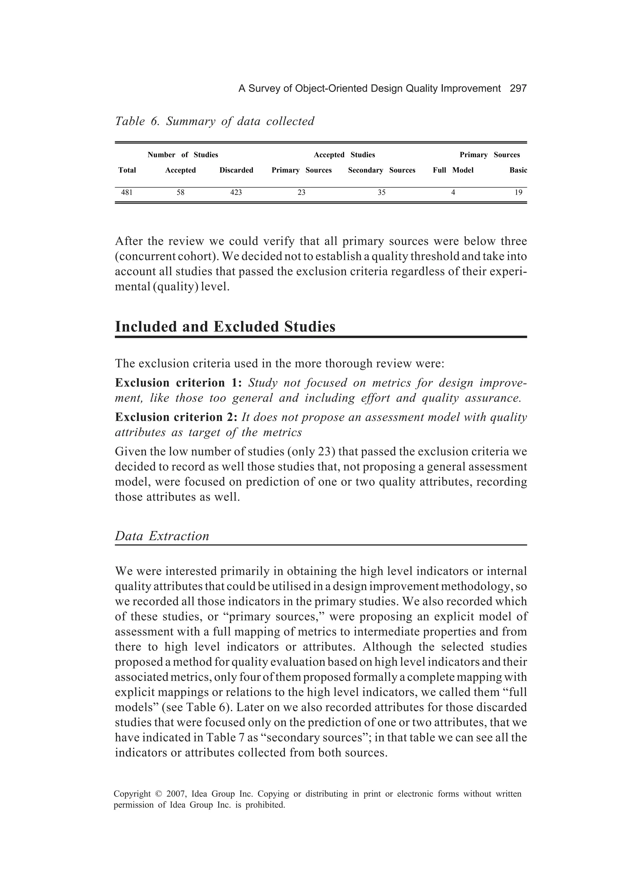 A Survey of Object-Oriented Design Quality Improvement 297


Table 6. Summary of data collected

         Number of Studies                          Accepted Studies                    Primary Sources
 Total       Accepted        Discarded   Primary Sources    Secondary Sources   Full Model          Basic

 481            58             423             23                      35           4                19




After the review we could verify that all primary sources were below three
(concurrent cohort). We decided not to establish a quality threshold and take into
account all studies that passed the exclusion criteria regardless of their experi-
mental (quality) level.


Included and Excluded Studies

The exclusion criteria used in the more thorough review were:
Exclusion criterion 1: Study not focused on metrics for design improve-
ment, like those too general and including effort and quality assurance.
Exclusion criterion 2: It does not propose an assessment model with quality
attributes as target of the metrics
Given the low number of studies (only 23) that passed the exclusion criteria we
decided to record as well those studies that, not proposing a general assessment
model, were focused on prediction of one or two quality attributes, recording
those attributes as well.


Data Extraction

We were interested primarily in obtaining the high level indicators or internal
quality attributes that could be utilised in a design improvement methodology, so
we recorded all those indicators in the primary studies. We also recorded which
of these studies, or “primary sources,” were proposing an explicit model of
assessment with a full mapping of metrics to intermediate properties and from
there to high level indicators or attributes. Although the selected studies
proposed a method for quality evaluation based on high level indicators and their
associated metrics, only four of them proposed formally a complete mapping with
explicit mappings or relations to the high level indicators, we called them “full
models” (see Table 6). Later on we also recorded attributes for those discarded
studies that were focused only on the prediction of one or two attributes, that we
have indicated in Table 7 as “secondary sources”; in that table we can see all the
indicators or attributes collected from both sources.


Copyright © 2007, Idea Group Inc. Copying or distributing in print or electronic forms without written
permission of Idea Group Inc. is prohibited.
 
