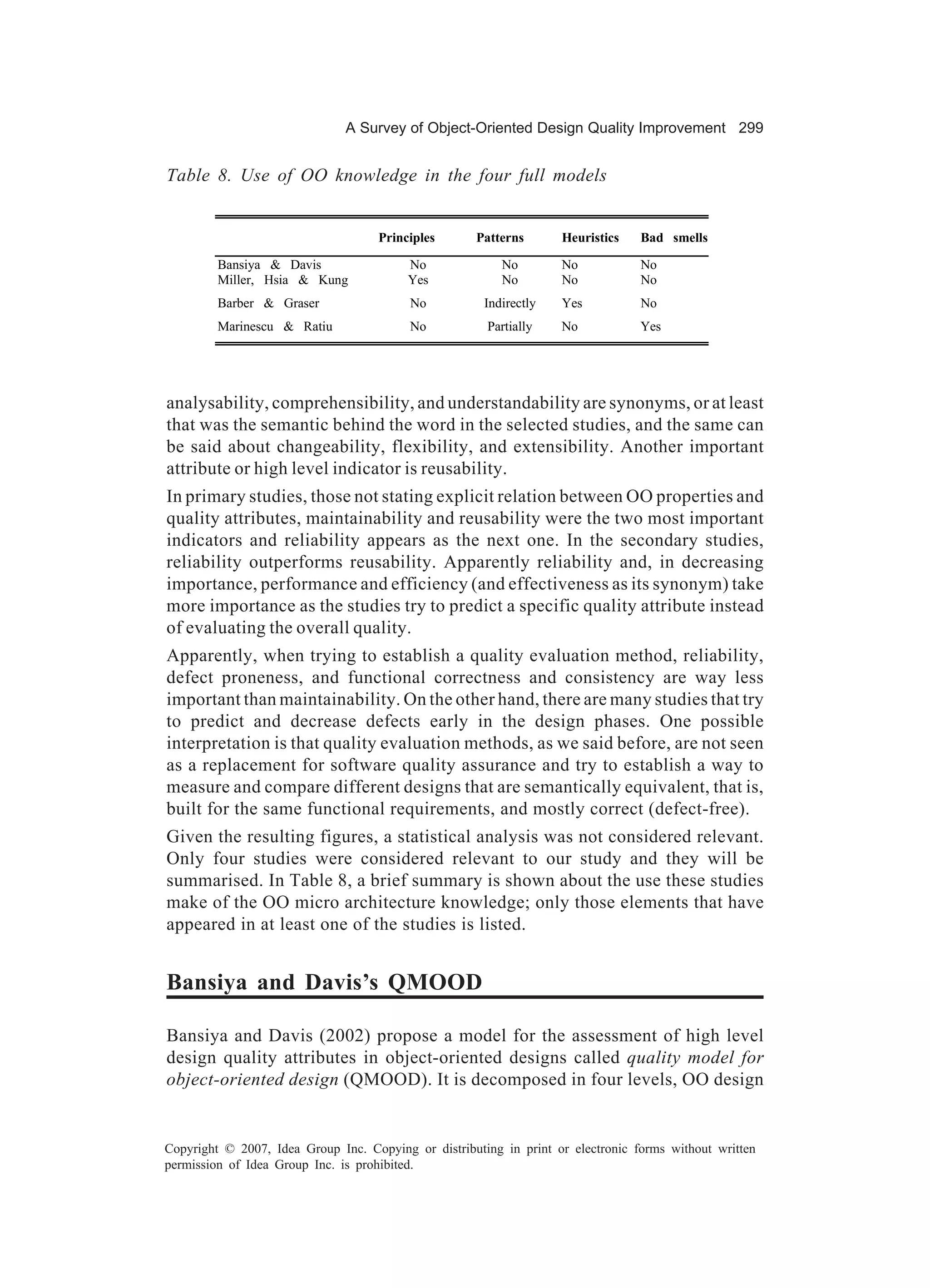 A Survey of Object-Oriented Design Quality Improvement 299


Table 8. Use of OO knowledge in the four full models


                                    Principles       Patterns       Heuristics    Bad smells

         Bansiya & Davis                 No               No        No            No
         Miller, Hsia & Kung             Yes              No        No            No
         Barber & Graser                  No           Indirectly   Yes           No
         Marinescu & Ratiu                No           Partially    No            Yes




analysability, comprehensibility, and understandability are synonyms, or at least
that was the semantic behind the word in the selected studies, and the same can
be said about changeability, flexibility, and extensibility. Another important
attribute or high level indicator is reusability.
In primary studies, those not stating explicit relation between OO properties and
quality attributes, maintainability and reusability were the two most important
indicators and reliability appears as the next one. In the secondary studies,
reliability outperforms reusability. Apparently reliability and, in decreasing
importance, performance and efficiency (and effectiveness as its synonym) take
more importance as the studies try to predict a specific quality attribute instead
of evaluating the overall quality.
Apparently, when trying to establish a quality evaluation method, reliability,
defect proneness, and functional correctness and consistency are way less
important than maintainability. On the other hand, there are many studies that try
to predict and decrease defects early in the design phases. One possible
interpretation is that quality evaluation methods, as we said before, are not seen
as a replacement for software quality assurance and try to establish a way to
measure and compare different designs that are semantically equivalent, that is,
built for the same functional requirements, and mostly correct (defect-free).
Given the resulting figures, a statistical analysis was not considered relevant.
Only four studies were considered relevant to our study and they will be
summarised. In Table 8, a brief summary is shown about the use these studies
make of the OO micro architecture knowledge; only those elements that have
appeared in at least one of the studies is listed.


Bansiya and Davis’s QMOOD

Bansiya and Davis (2002) propose a model for the assessment of high level
design quality attributes in object-oriented designs called quality model for
object-oriented design (QMOOD). It is decomposed in four levels, OO design


Copyright © 2007, Idea Group Inc. Copying or distributing in print or electronic forms without written
permission of Idea Group Inc. is prohibited.
 