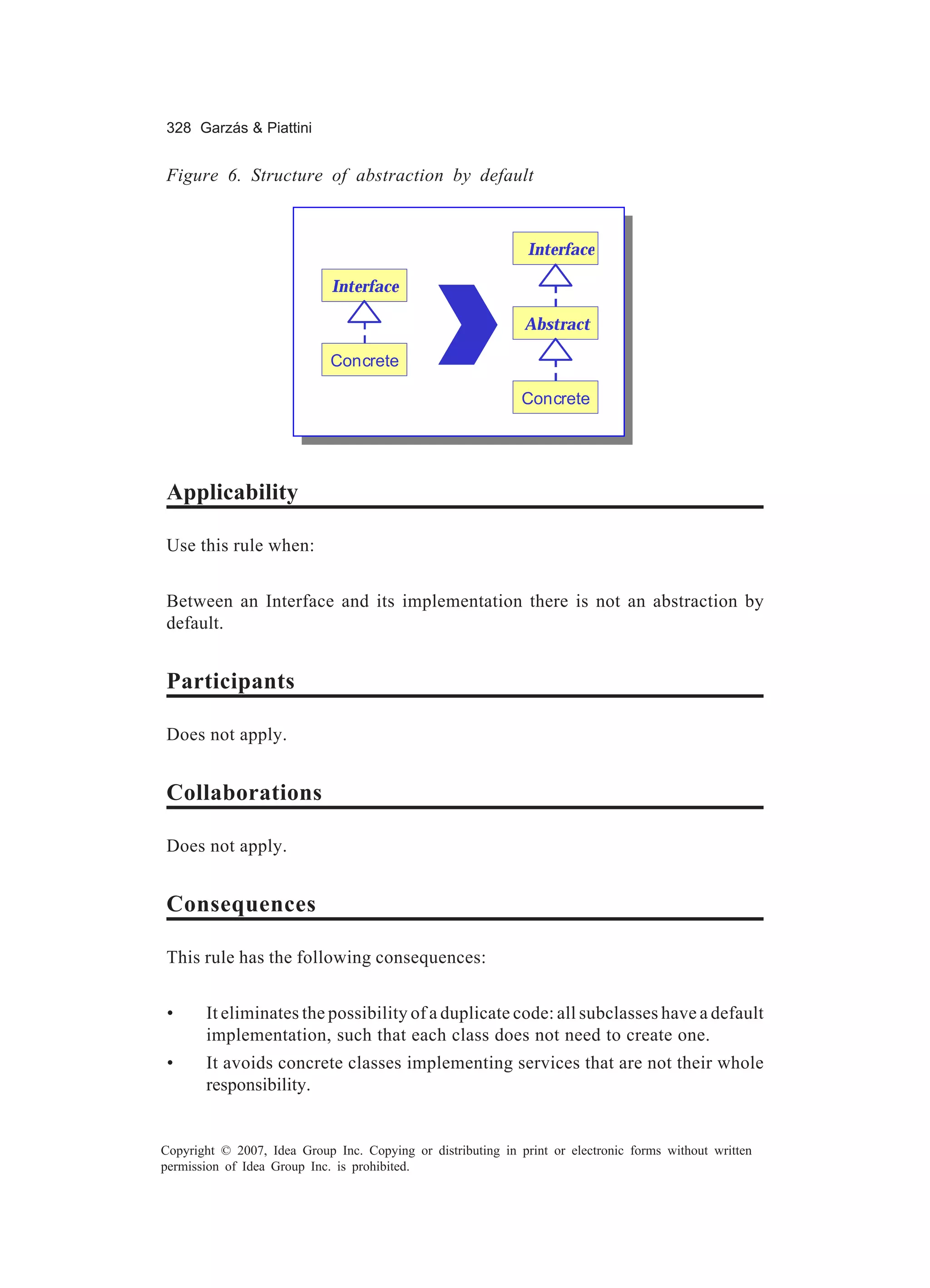 328 Garzás & Piattini


Figure 6. Structure of abstraction by default



                                                               Interface

                             Interface

                                                              Abstract

                             Concrete

                                                              Concrete




Applicability

Use this rule when:


Between an Interface and its implementation there is not an abstraction by
default.


Participants

Does not apply.


Collaborations

Does not apply.


Consequences

This rule has the following consequences:


 •     It eliminates the possibility of a duplicate code: all subclasses have a default
       implementation, such that each class does not need to create one.
 •     It avoids concrete classes implementing services that are not their whole
       responsibility.


Copyright © 2007, Idea Group Inc. Copying or distributing in print or electronic forms without written
permission of Idea Group Inc. is prohibited.
 