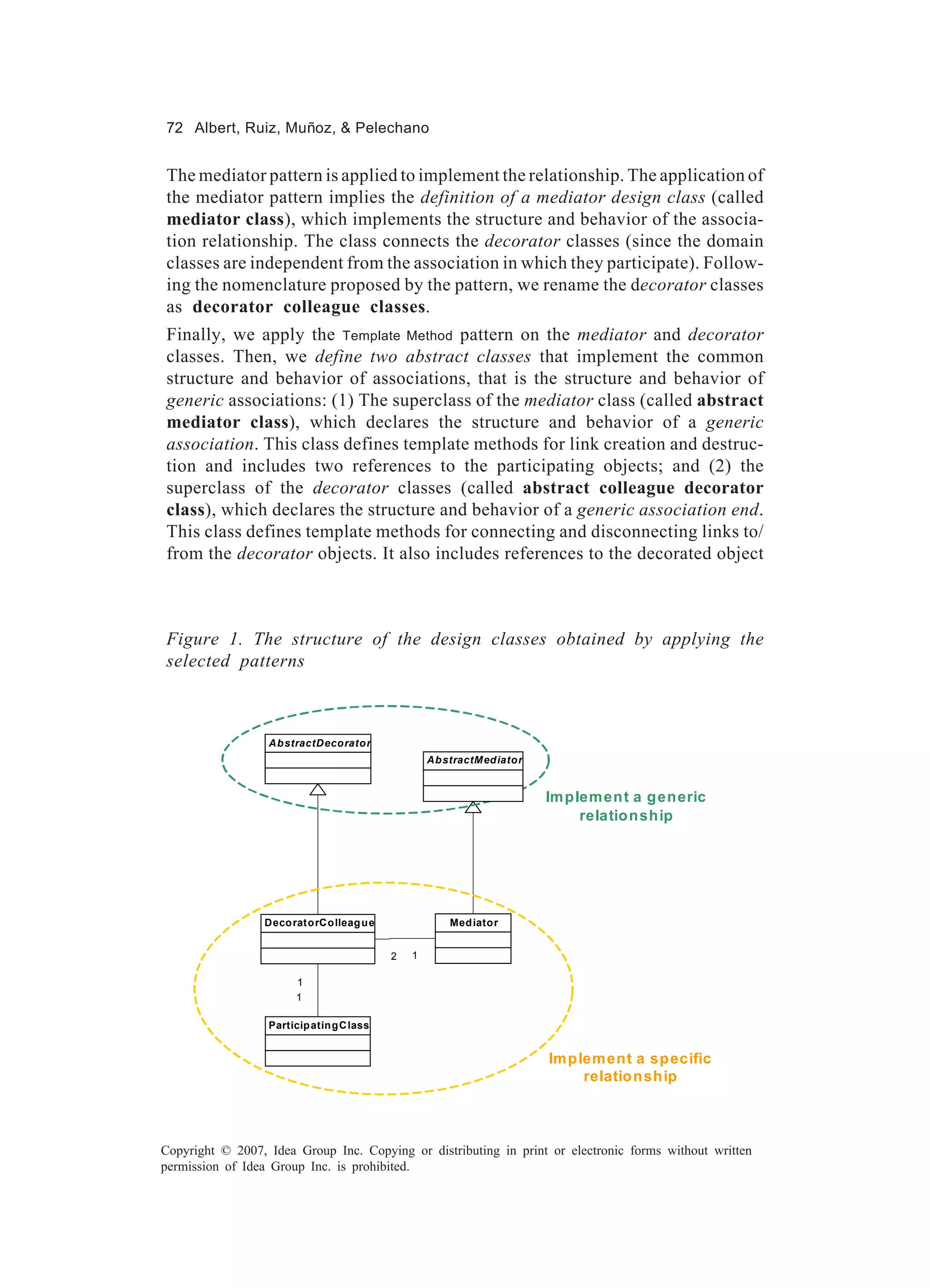 72 Albert, Ruiz, Muñoz, & Pelechano


The mediator pattern is applied to implement the relationship. The application of
the mediator pattern implies the definition of a mediator design class (called
mediator class), which implements the structure and behavior of the associa-
tion relationship. The class connects the decorator classes (since the domain
classes are independent from the association in which they participate). Follow-
ing the nomenclature proposed by the pattern, we rename the decorator classes
as decorator colleague classes.
Finally, we apply the Template Method pattern on the mediator and decorator
classes. Then, we define two abstract classes that implement the common
structure and behavior of associations, that is the structure and behavior of
generic associations: (1) The superclass of the mediator class (called abstract
mediator class), which declares the structure and behavior of a generic
association. This class defines template methods for link creation and destruc-
tion and includes two references to the participating objects; and (2) the
superclass of the decorator classes (called abstract colleague decorator
class), which declares the structure and behavior of a generic association end.
This class defines template methods for connecting and disconnecting links to/
from the decorator objects. It also includes references to the decorated object



Figure 1. The structure of the design classes obtained by applying the
selected patterns



                  Ab stractDeco rato r
                                                   Ab stractMed iato r


                                                                         Implement a generic
                                                                             relationship




                 Deco rato rCo lleag u e               Med iato r


                                           2   1

                        1
                        1

                  Particip atin g C lass


                                                                         Implement a specific
                                                                             relationship



Copyright © 2007, Idea Group Inc. Copying or distributing in print or electronic forms without written
permission of Idea Group Inc. is prohibited.
 