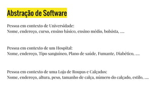 Abstração de Software
Pessoa em contexto de Universidade:
Nome, endereço, curso, ensino básico, ensino médio, bolsista, ….
Pessoa em contexto de um Hospital:
Nome, endereço, Tipo sanguíneo, Plano de saúde, Fumante, Diabético, ….
Pessoa em contexto de uma Loja de Roupas e Calçados:
Nome, endereço, altura, peso, tamanho de calça, número do calçado, estilo, ….
 