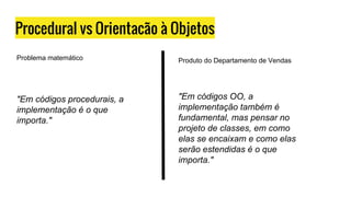 Procedural vs Orientacão à Objetos
Problema matemático
"Em códigos procedurais, a
implementação é o que
importa."
Produto do Departamento de Vendas
"Em códigos OO, a
implementação também é
fundamental, mas pensar no
projeto de classes, em como
elas se encaixam e como elas
serão estendidas é o que
importa."
 