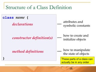 28
Structure of a Class Definition
class name {
declarations
constructor definition(s)
method definitions
}
attributes and
symbolic constants
how to create and
initialize objects
how to manipulate
the state of objects
These parts of a class can
actually be in any order
 