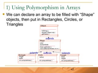 47
1) Using Polymorphism in Arrays
 We can declare an array to be filled with “Shape”
objects, then put in Rectangles, Circles, or
Triangles
extends
toString( )
equals( Object obj )
getClass( )
Shape
Rectangle
extends
extends
Object
Circle Triangle
extends
color
borderWidth
Color getColor( )
void setBorderWidth( int m )
int computeArea( )
length
width
int computeArea( )
radius base
height
int computeArea( )
 