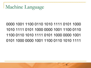 5
Machine Language
0000 1001 1100 0110 1010 1111 0101 1000
1010 1111 0101 1000 0000 1001 1100 0110
1100 0110 1010 1111 0101 1000 0000 1001
0101 1000 0000 1001 1100 0110 1010 1111
 