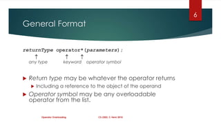 6
General Format


returnType operator*(parameters);
                 
    any type               keyword   operator symbol


   Return type may be whatever the operator returns
       Including a reference to the object of the operand
   Operator symbol may be any overloadable
    operator from the list.

          Operator Overloading            CS-2303, C-Term 2010
 
