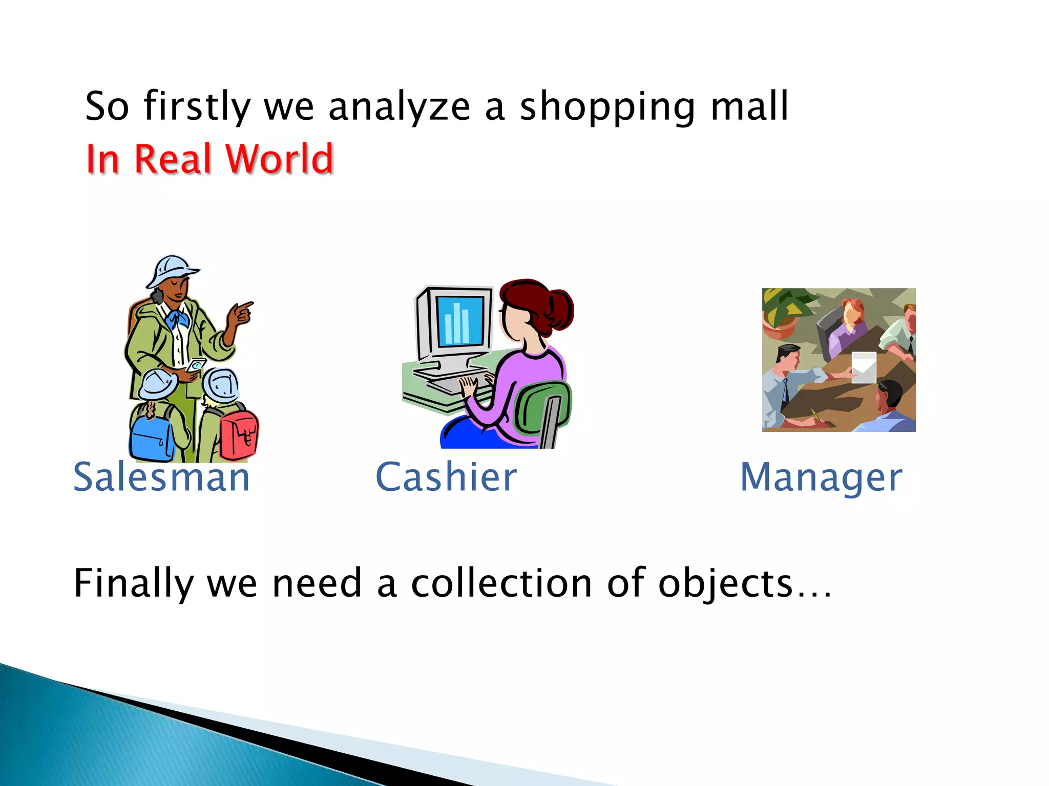 So firstly we analyze a shopping mall
In Real World
Salesman Cashier Manager
Finally we need a collection of objects…
 