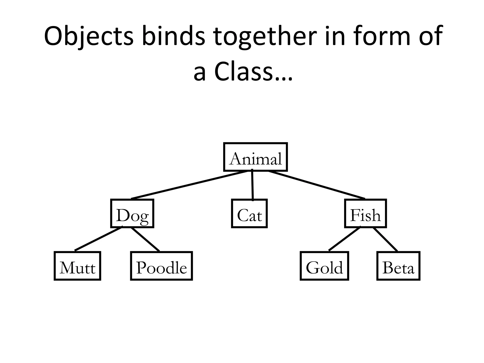 Animal
Dog Cat Fish
Mutt Poodle Gold Beta
Objects binds together in form of
a Class…
 