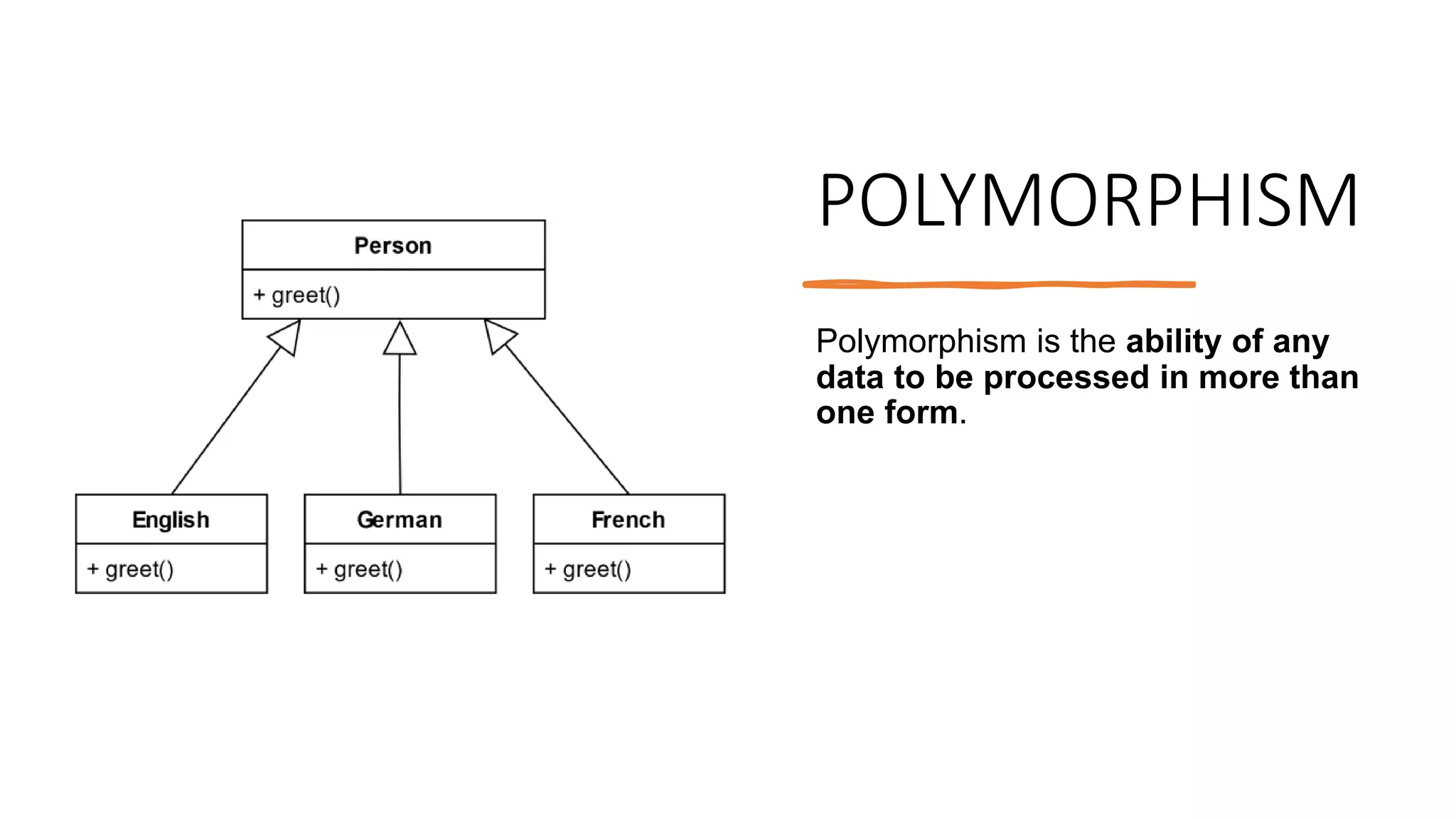 POLYMORPHISM
Polymorphism is the ability of any
data to be processed in more than
one form.
 