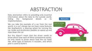 ABSTRACTION
Data abstraction refers to providing only essential
information about the data to the outside world,
hiding the background details or its
implementation.
We can take the example of a car from the real
world. In a car’s design we can have many features
like Key(Switch), a steering wheel for turning the
car, brake and accelerator paddles to speed up and
slow down the car
But this doesn't mean that the driver needs to
know about how each of these components works,
he only needs to know about how the car looks
like, what type of features it includes, and which
plan is used to build it.
12
 